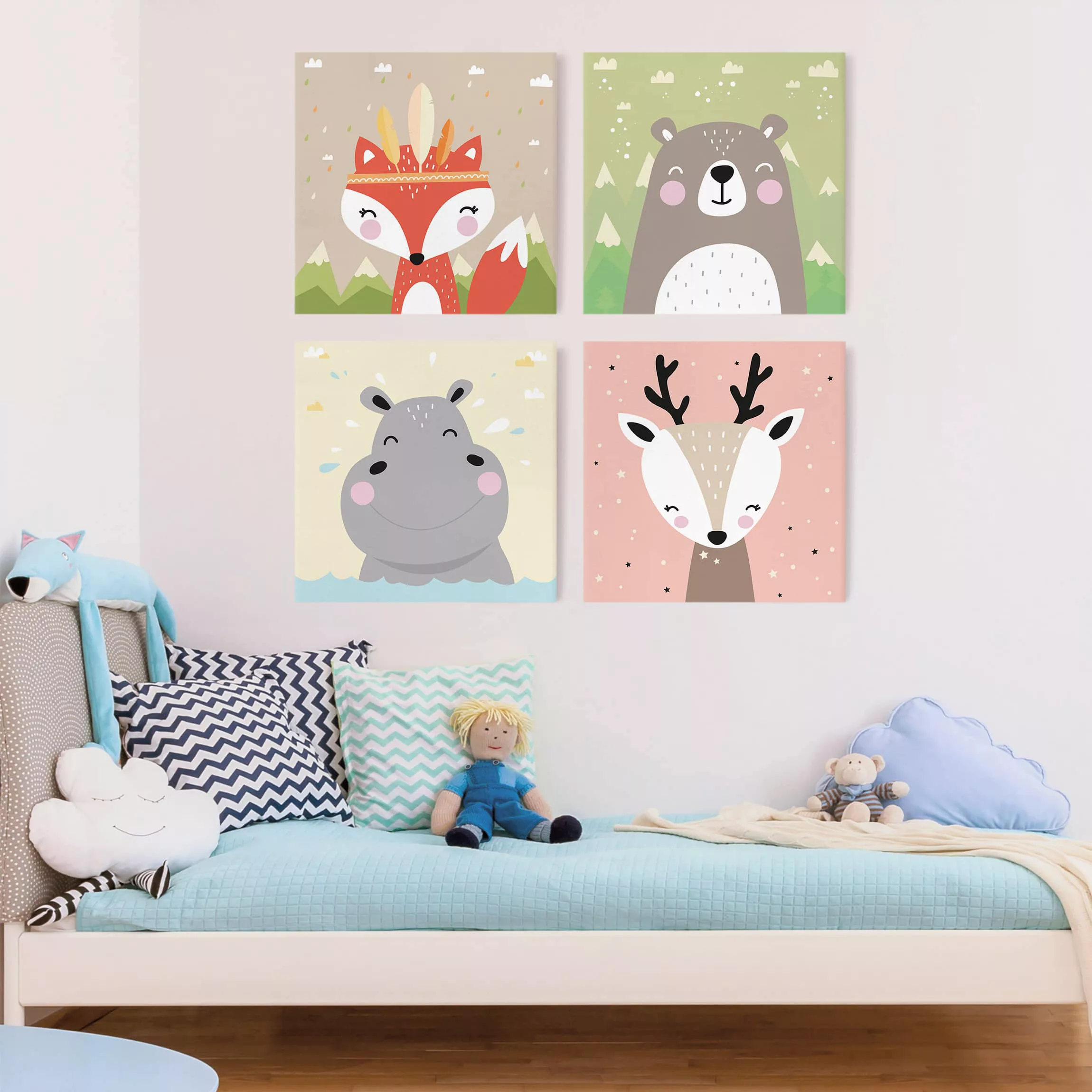 4-teiliges Leinwandbild Kinderzimmer - Quadrat Fuchs Reh Nilpferd Bär günstig online kaufen