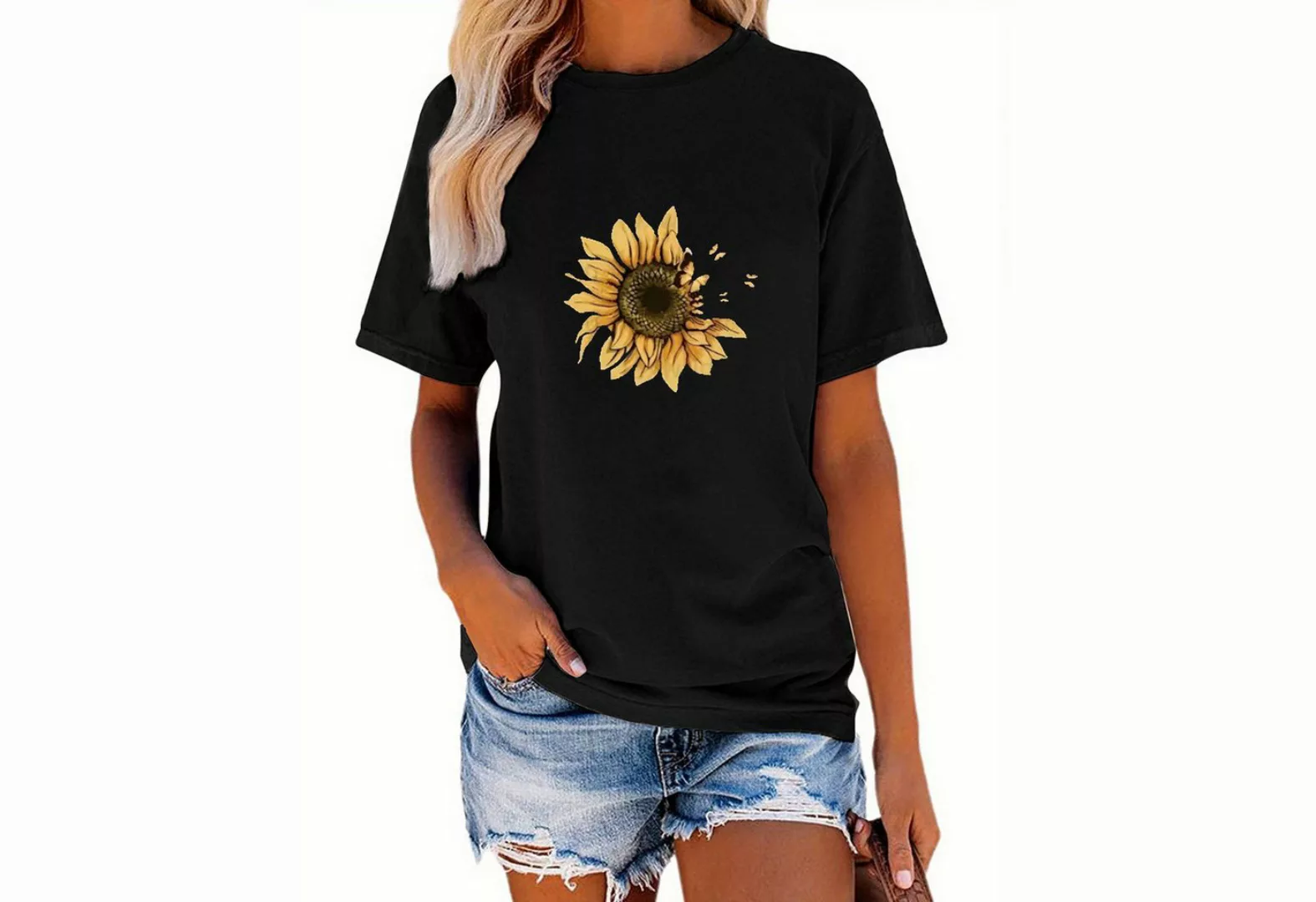 PYL T-Shirt Damen Sommer Kurzarmbluse Locker Blumen Print-Shirt Casual T-Sh günstig online kaufen