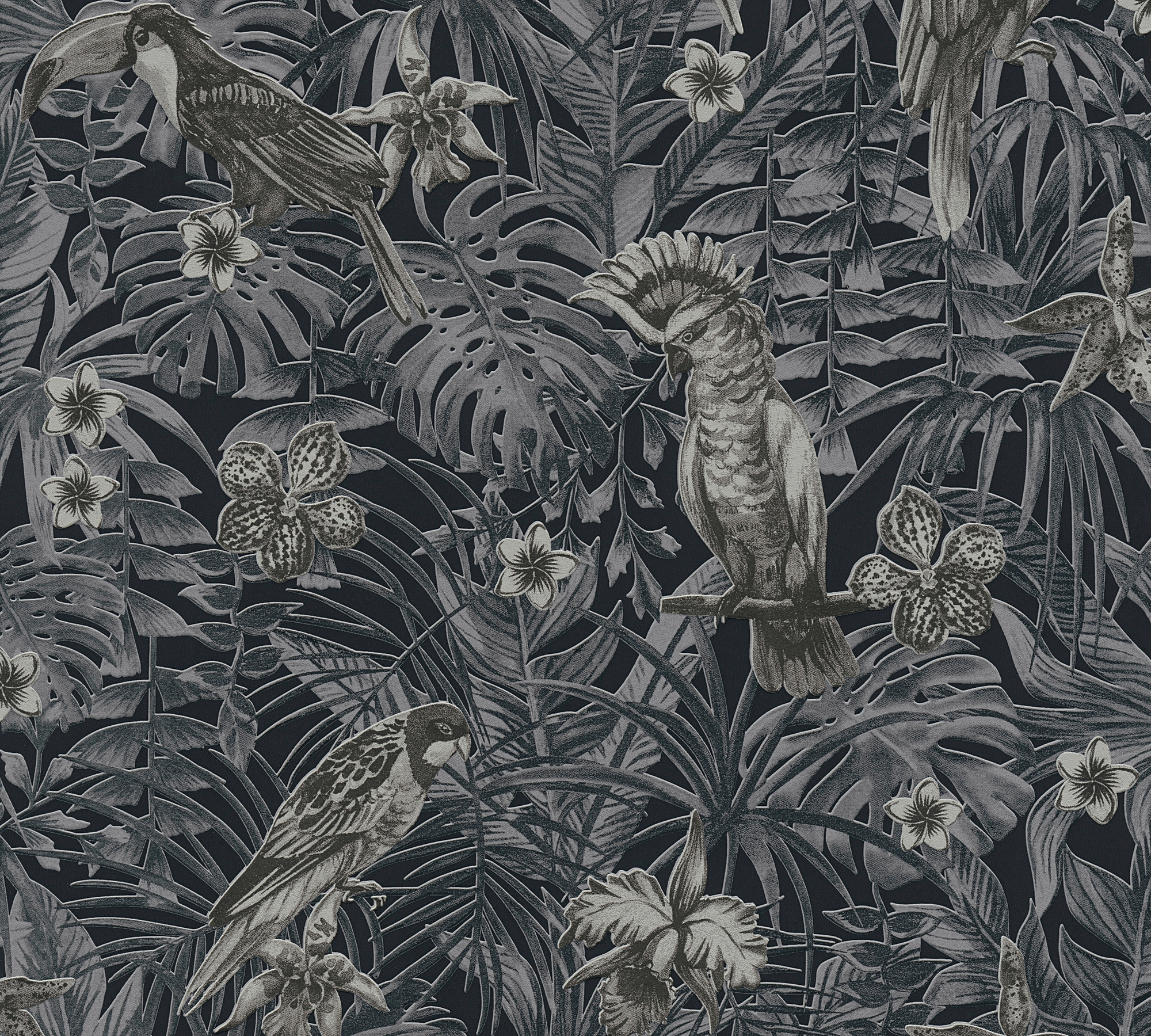 Bricoflor anthrazit Tapete mit Palmenblättern Dschungel Vliestapete mit Vog günstig online kaufen
