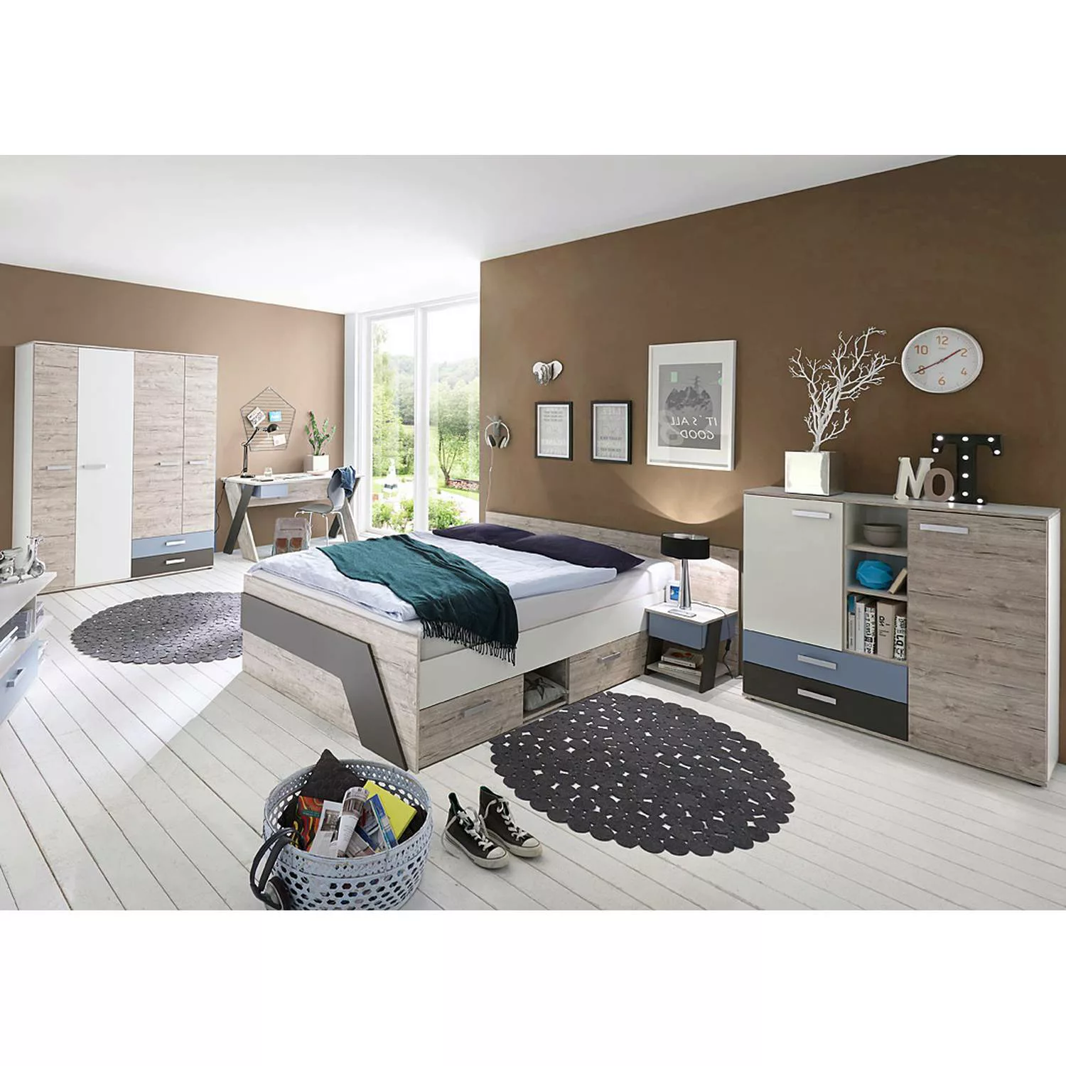 Lomadox Jugendzimmer Set mit Bett 140x200 cm und Schreibtisch 5-teilig LEED günstig online kaufen