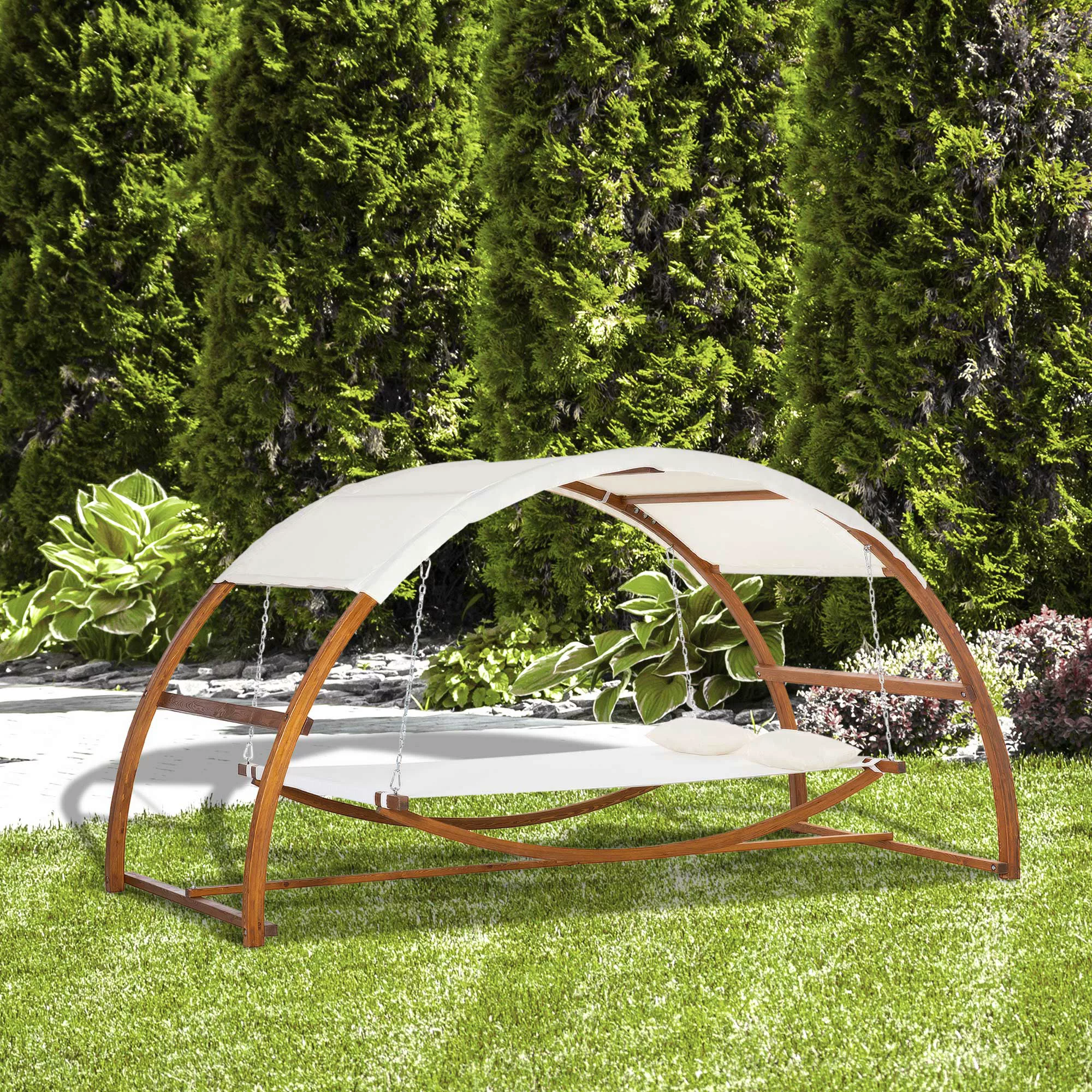 Outsunny Hängematte mit Holz Gestell und Sonnendach Hammock mit 2 Kopfkisse günstig online kaufen