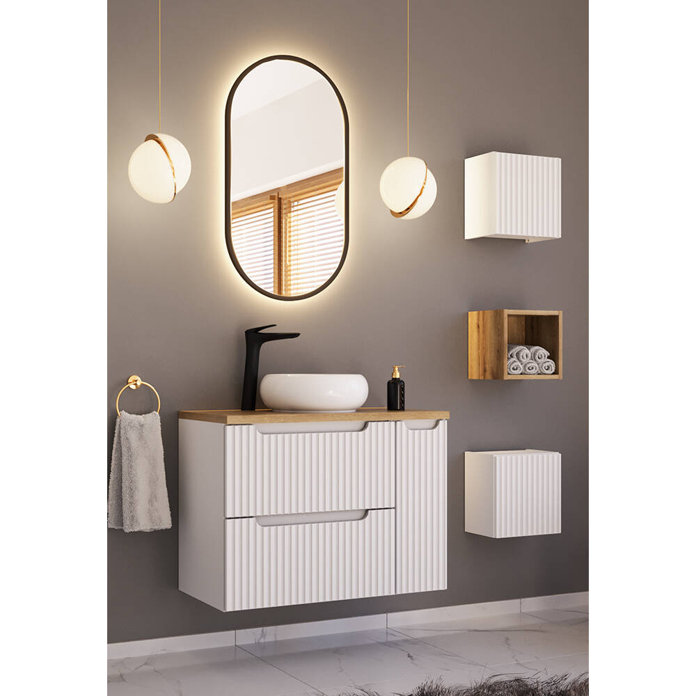 Badmöbel Set 5-teilig mit 80cm Waschtisch, weiß und Eiche, NEWPORT-56-WHITE günstig online kaufen