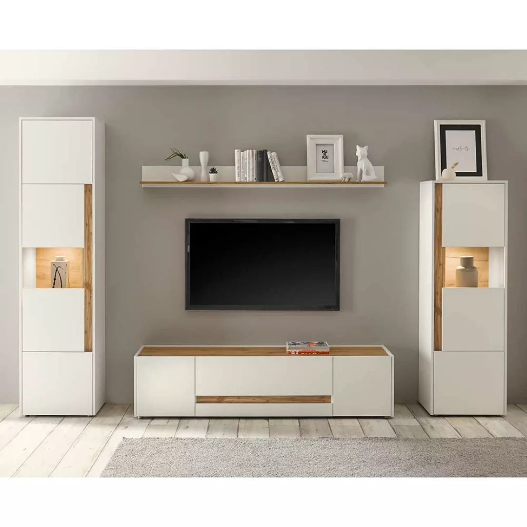 Wohnzimmerwand in Wildeichefarben und Weiß modernem Design (vierteilig) günstig online kaufen