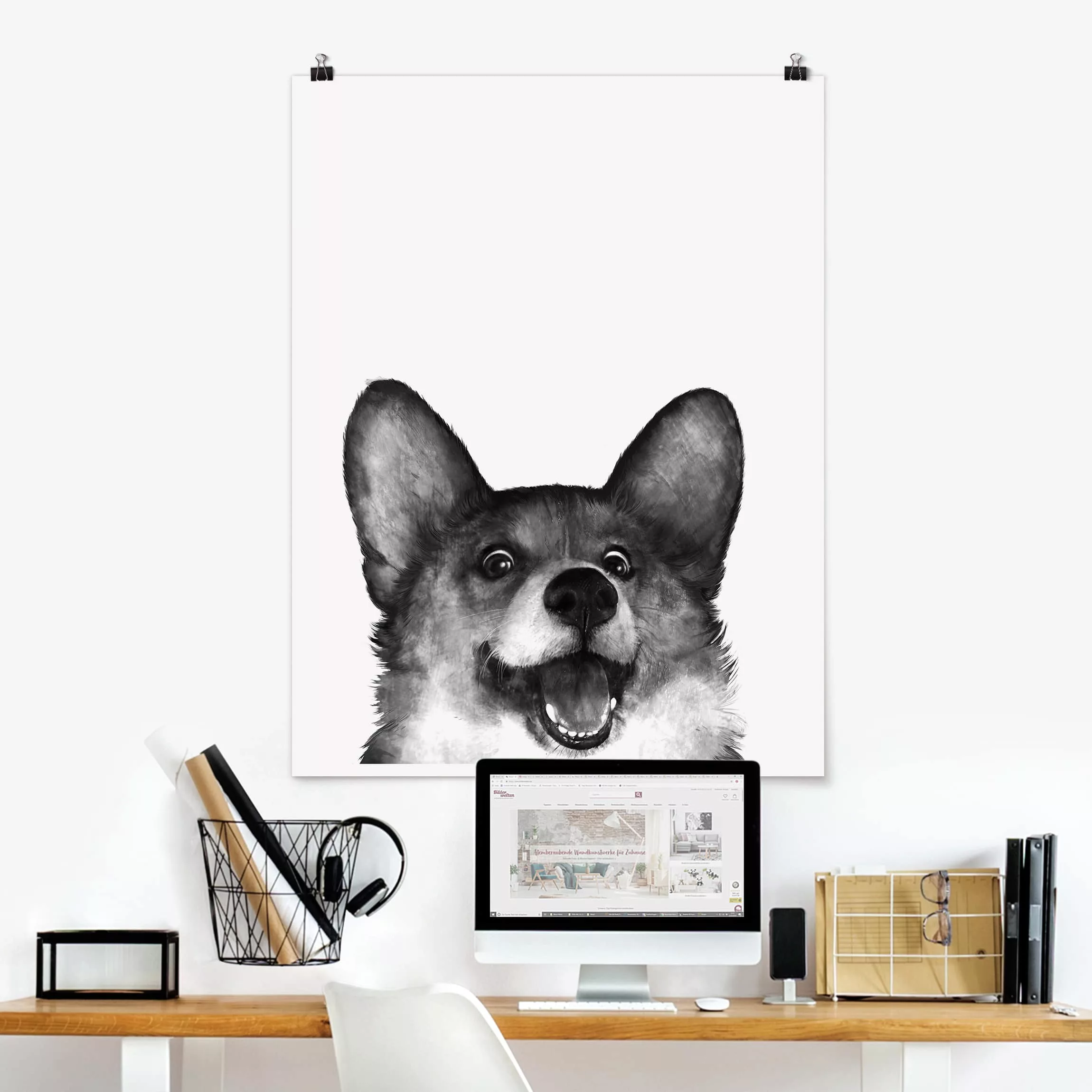 Poster Tiere - Hochformat Illustration Hund Corgi Weiß Schwarz Malerei günstig online kaufen
