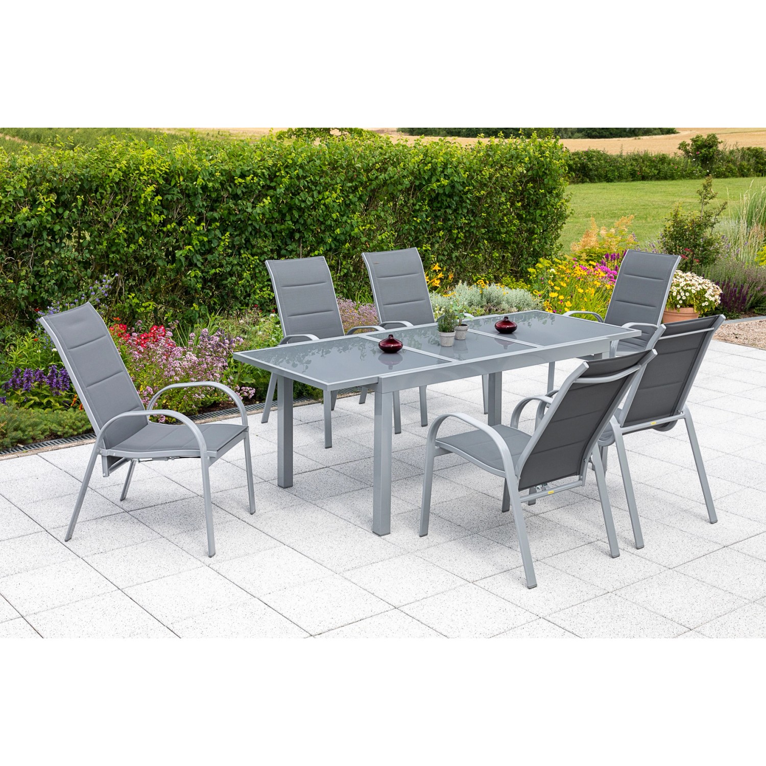 Merxx Amalfi Set 7 -tlg. 6 Stapelsessel Gartentisch 160 (220) x 90 cm Grau günstig online kaufen