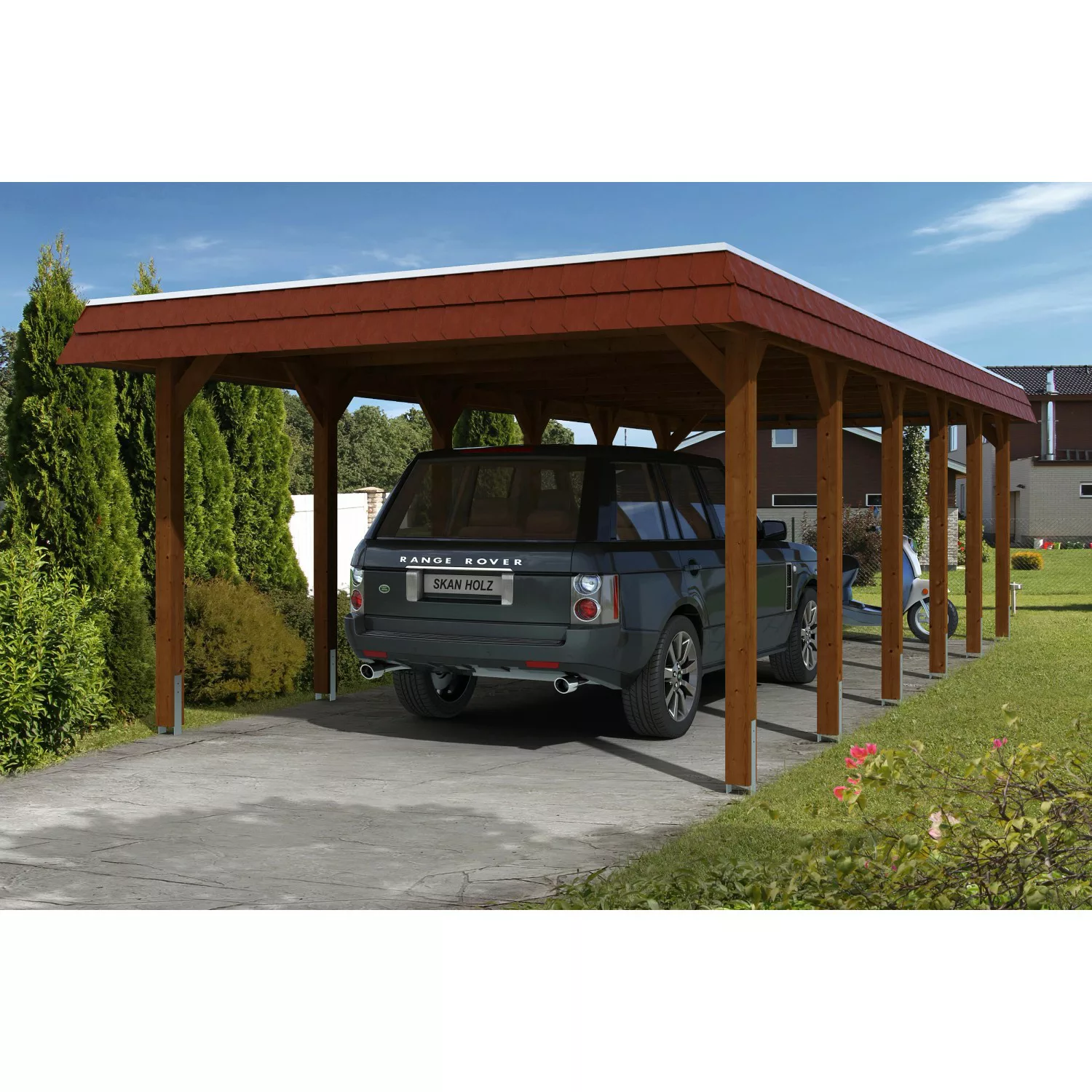 Skan Holz Carport Spreewald 396 cm x 893 cm rote Blende Nussbaum günstig online kaufen