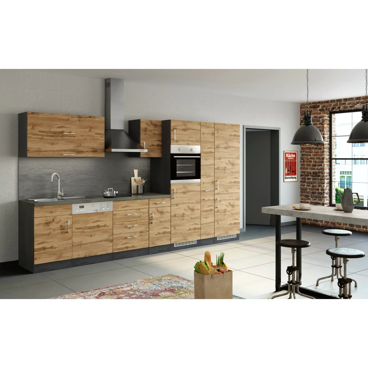 Held Möbel Küchenzeile Sorrento 360 cm Wotaneiche-Grafit ohne E-Geräte günstig online kaufen