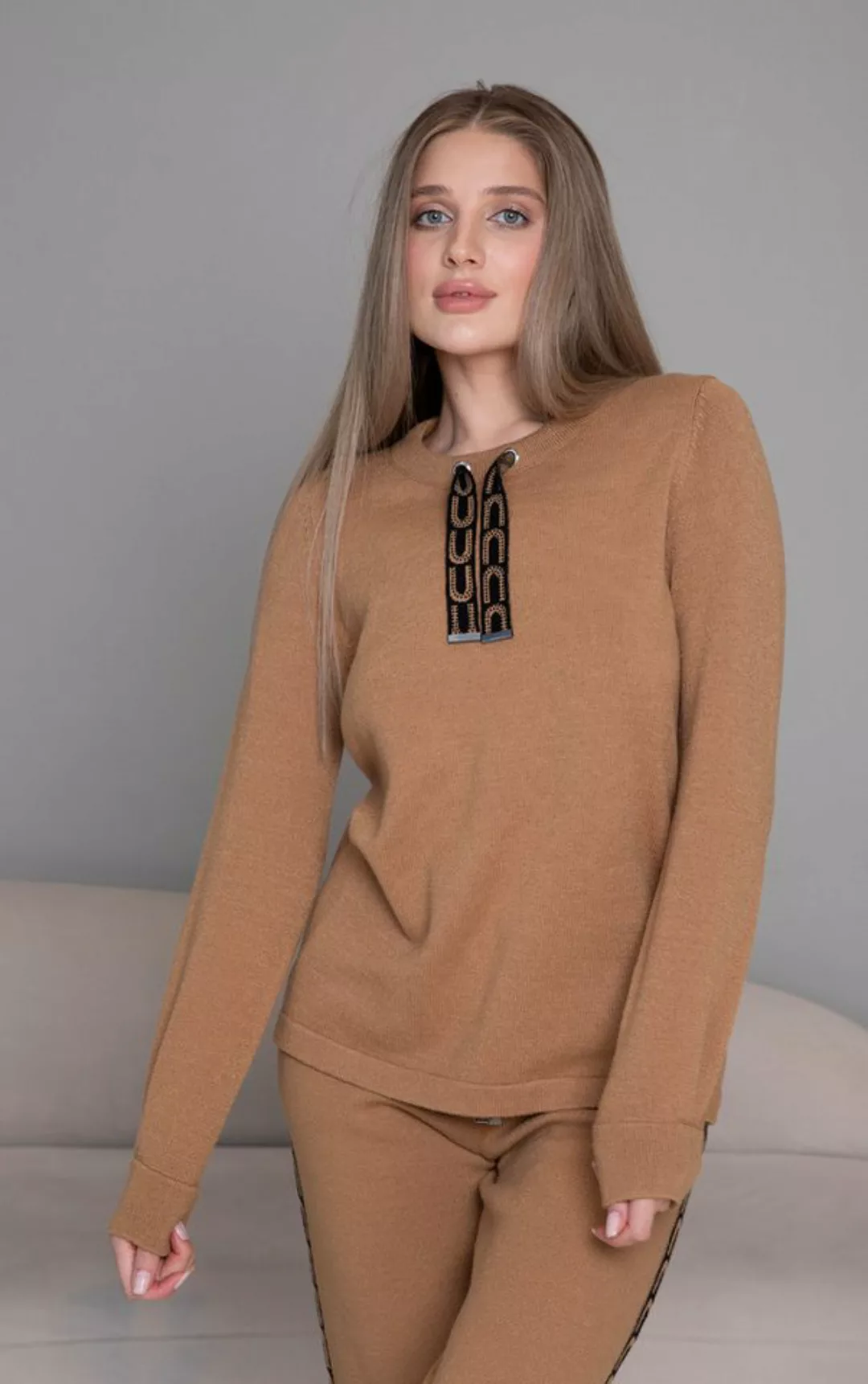 Passioni Strickpullover in Camel mit Zuglaschen mit grafischem Muster günstig online kaufen