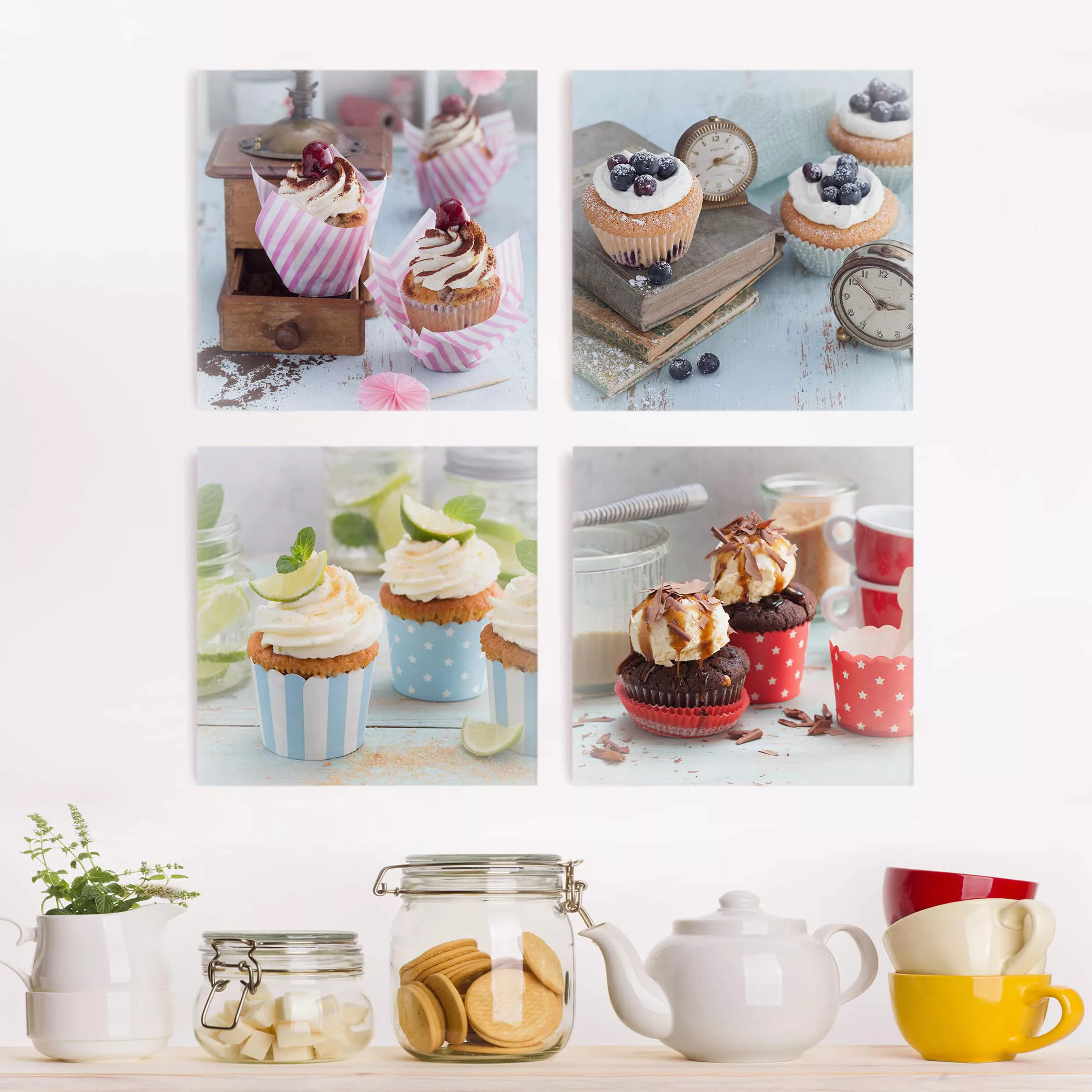 4-teiliges Leinwandbild Küche - Quadrat Vintage Cupcakes mit Topping günstig online kaufen