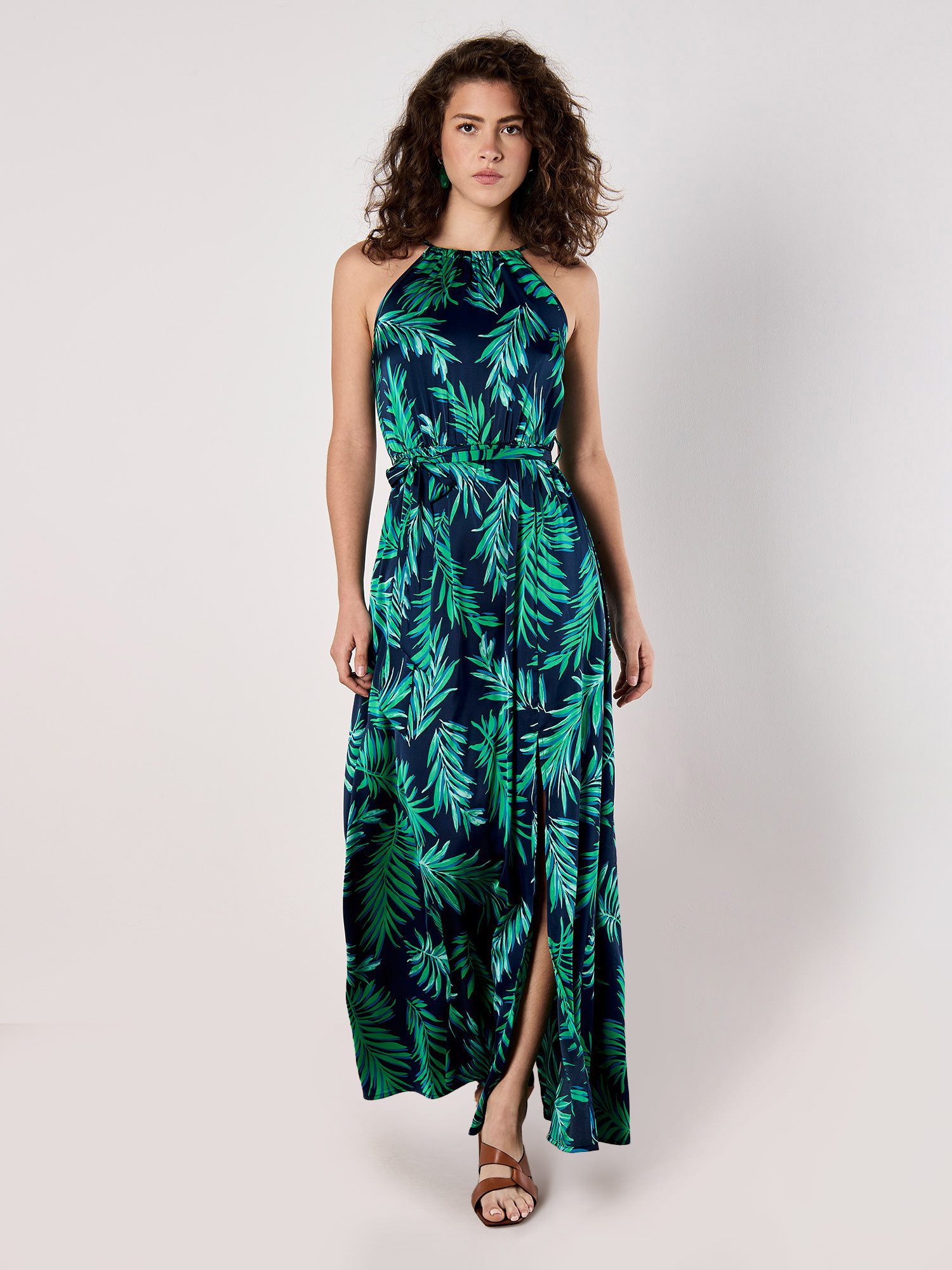 Apricot Maxikleid Blätterdruck Kleid, mit Bindegürtel günstig online kaufen