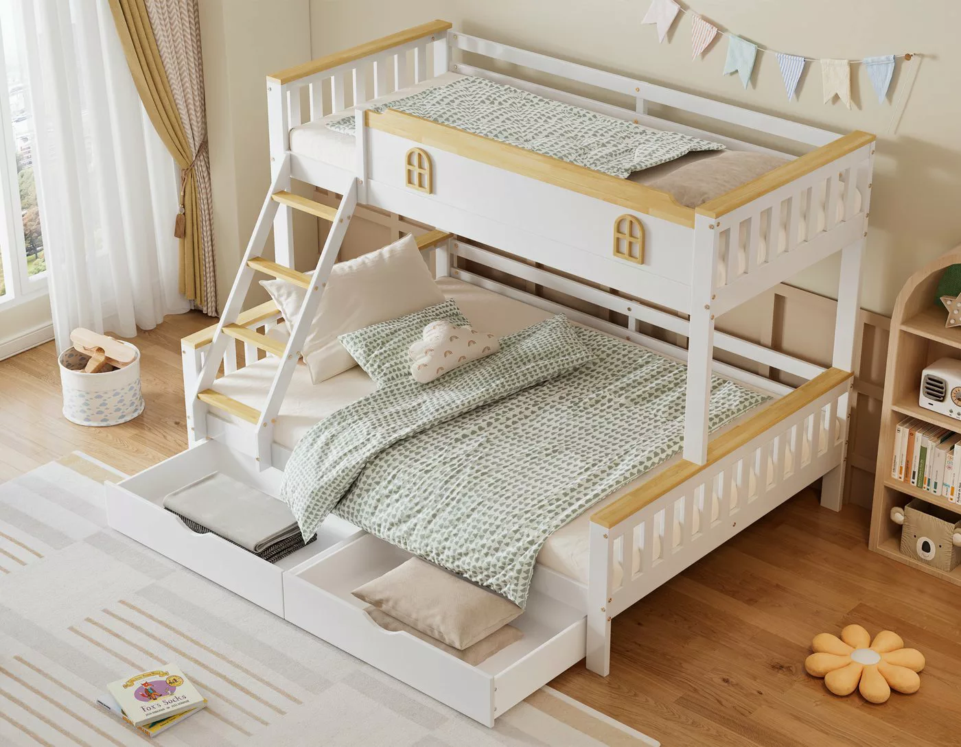 SeedWave Etagenbett Holz-Kinderbett mit Viertel-Treppe und Geländer, 90x200 günstig online kaufen