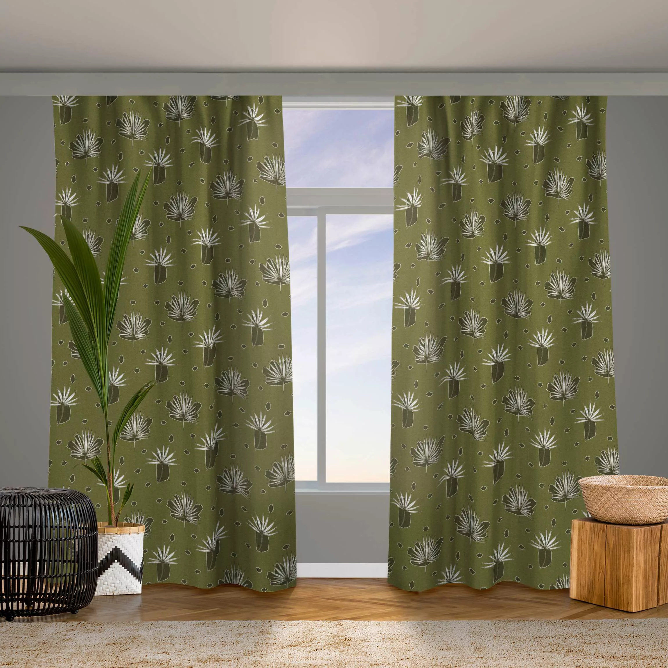 Vorhang Farn Blätter mit Punkten - Olive Grün günstig online kaufen