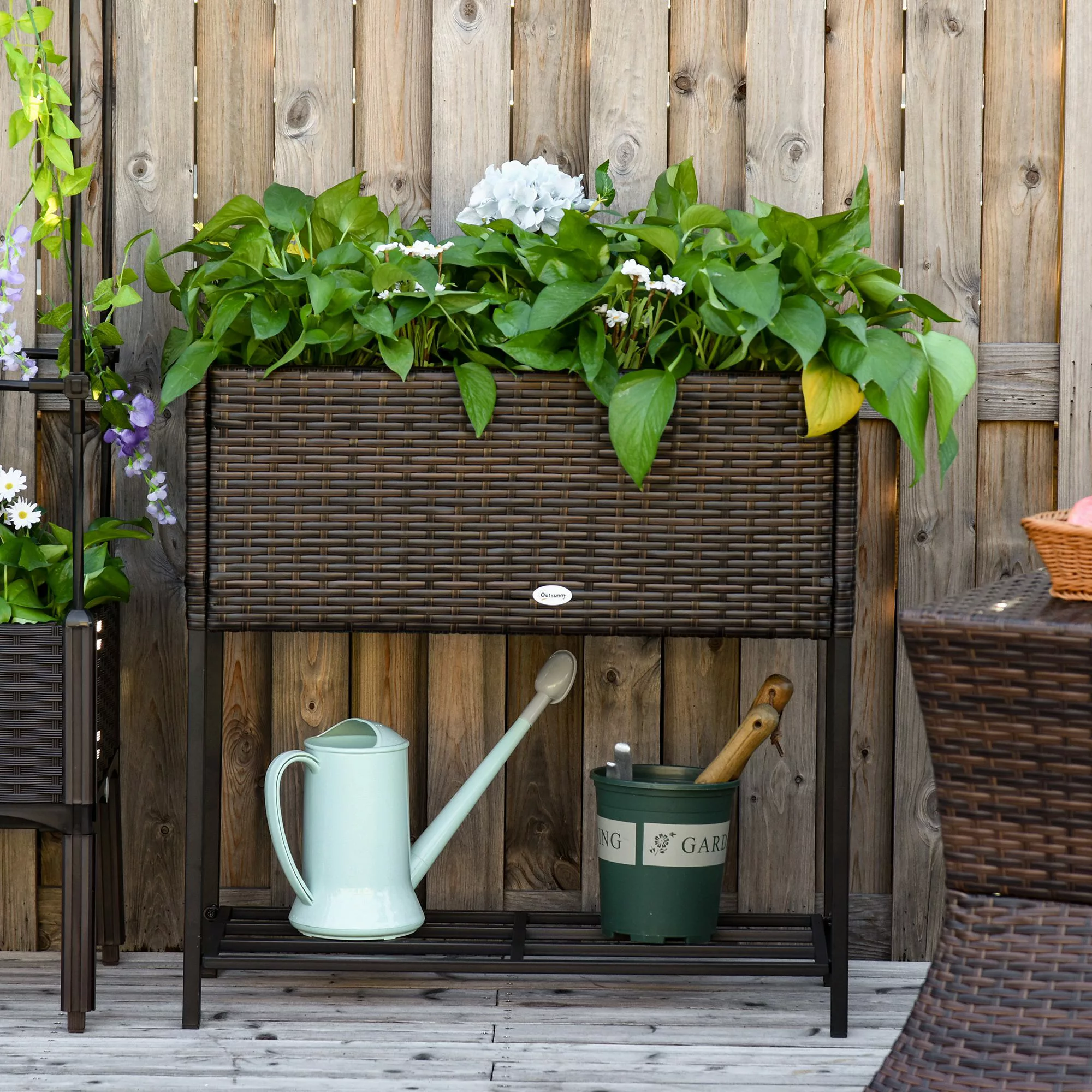 Outsunny Poly Rattan Hochbeet Blumenkasten mit Füßen Blumentopf mit Ablage günstig online kaufen