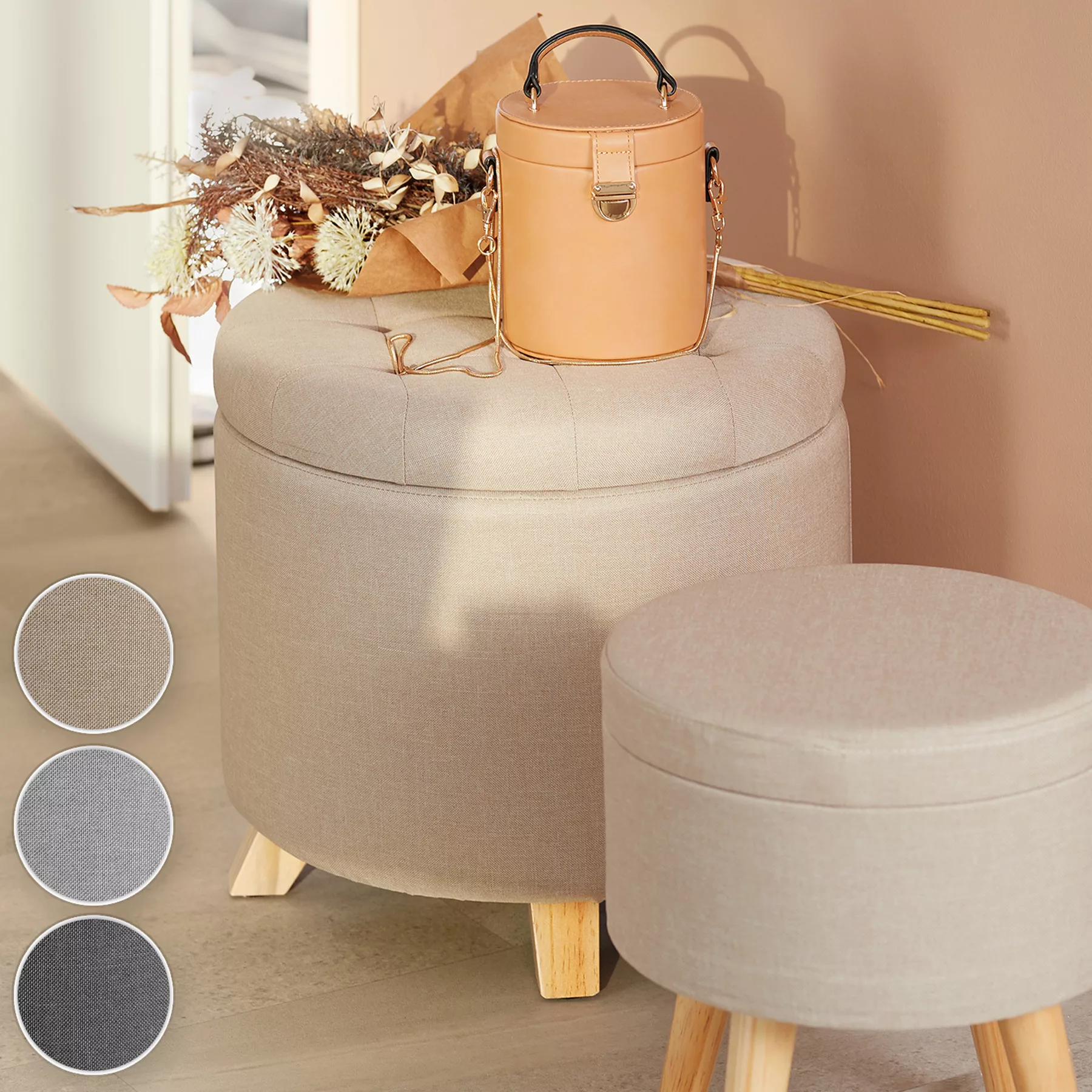 Sitzhocker Suna in Leinenoptik 150kg mit Stauraum - Sand günstig online kaufen