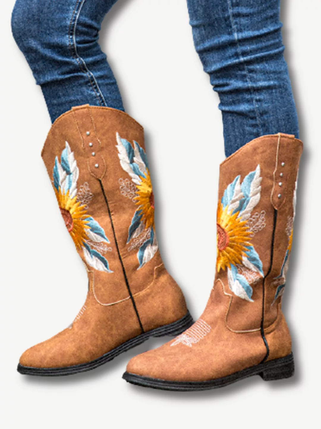 Große Größe Damen Sonnenblumenstickerei Soft Bequemer Blockabsatz Cowboy St günstig online kaufen