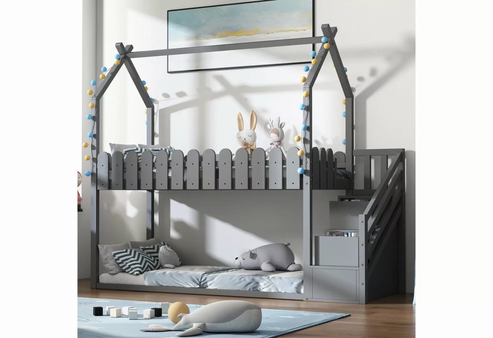 KLAM HOME Kinderbett Massivholz Etagenbett mit 3 Treppen 2 Schubladen und Z günstig online kaufen