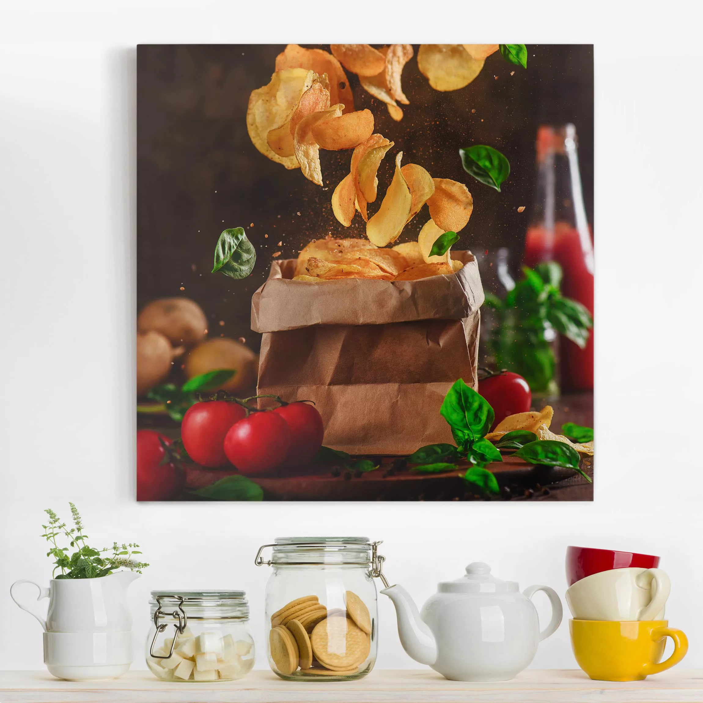 Leinwandbild Küche - Quadrat Tomate-Basilikum-Snack günstig online kaufen