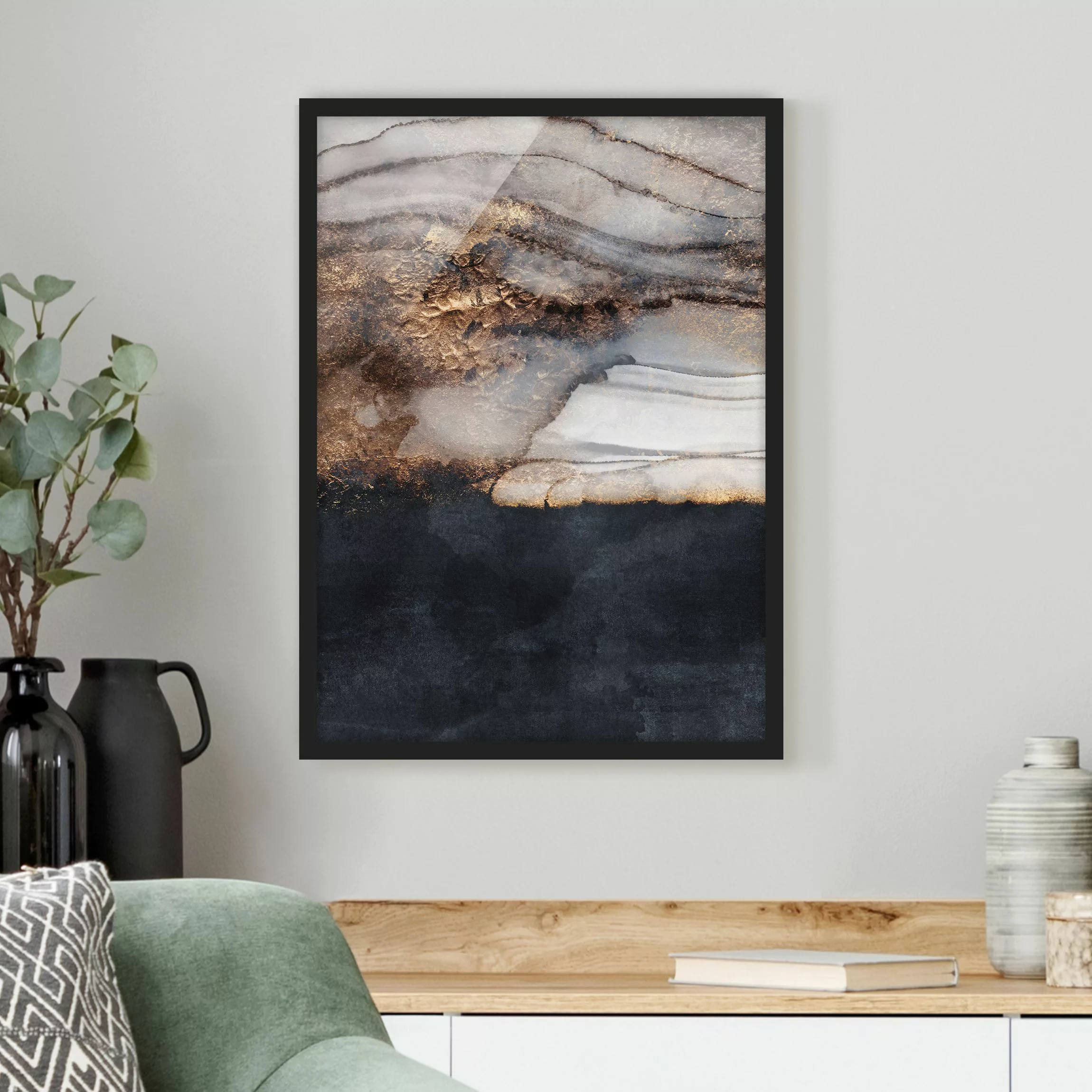 Bild mit Rahmen Abstrakt - Hochformat Goldener Marmor gemalt günstig online kaufen