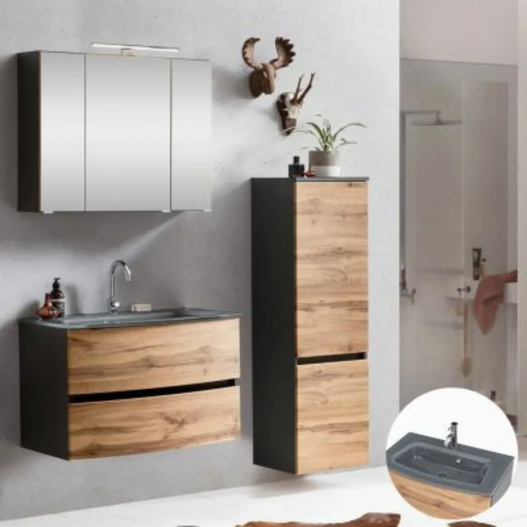 Lomadox Waschplatz Badezimmer Set mit Glasbecken grau LAURIA-03 in Graphitg günstig online kaufen