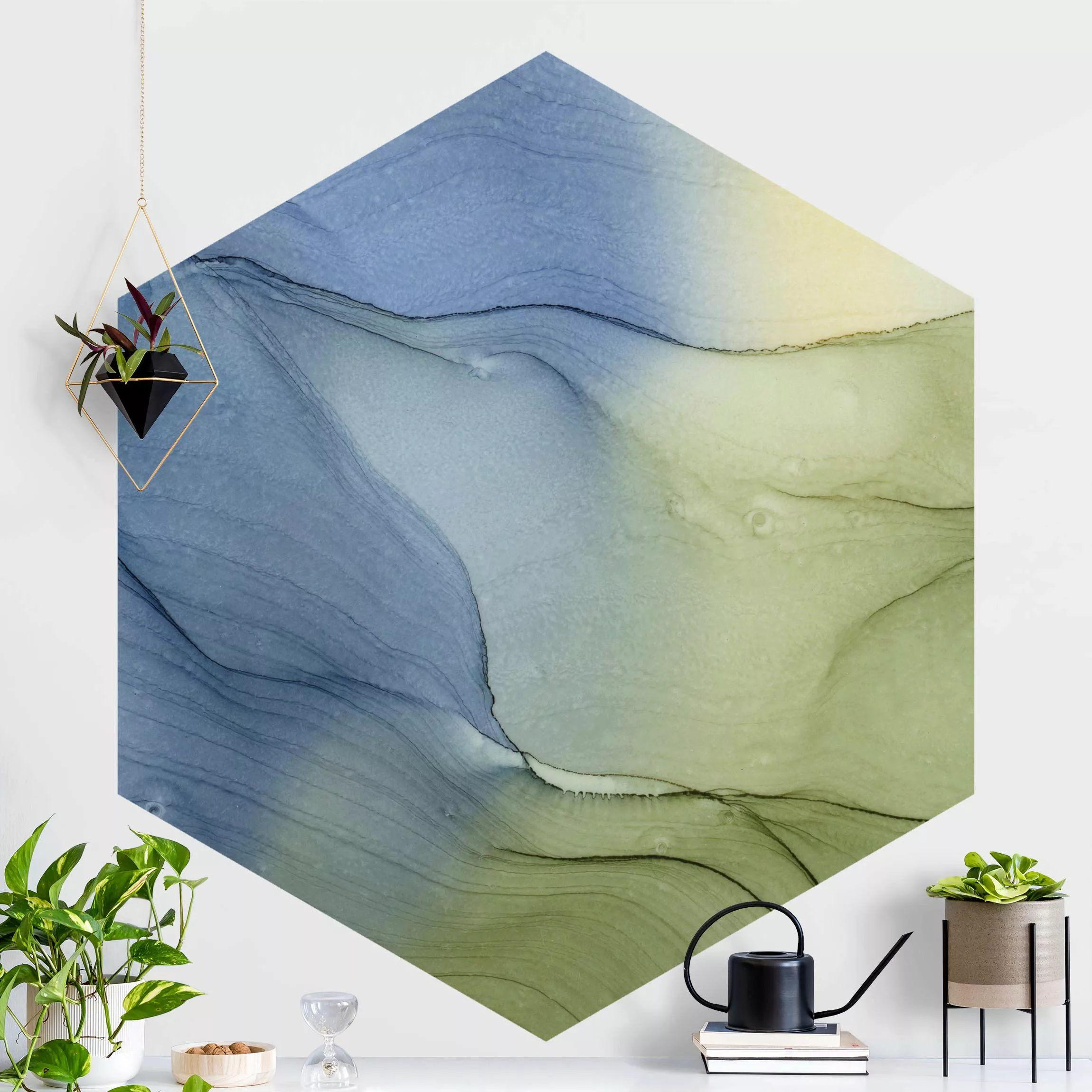 Hexagon Fototapete selbstklebend Meliertes Blaugrau mit Moosgrün günstig online kaufen