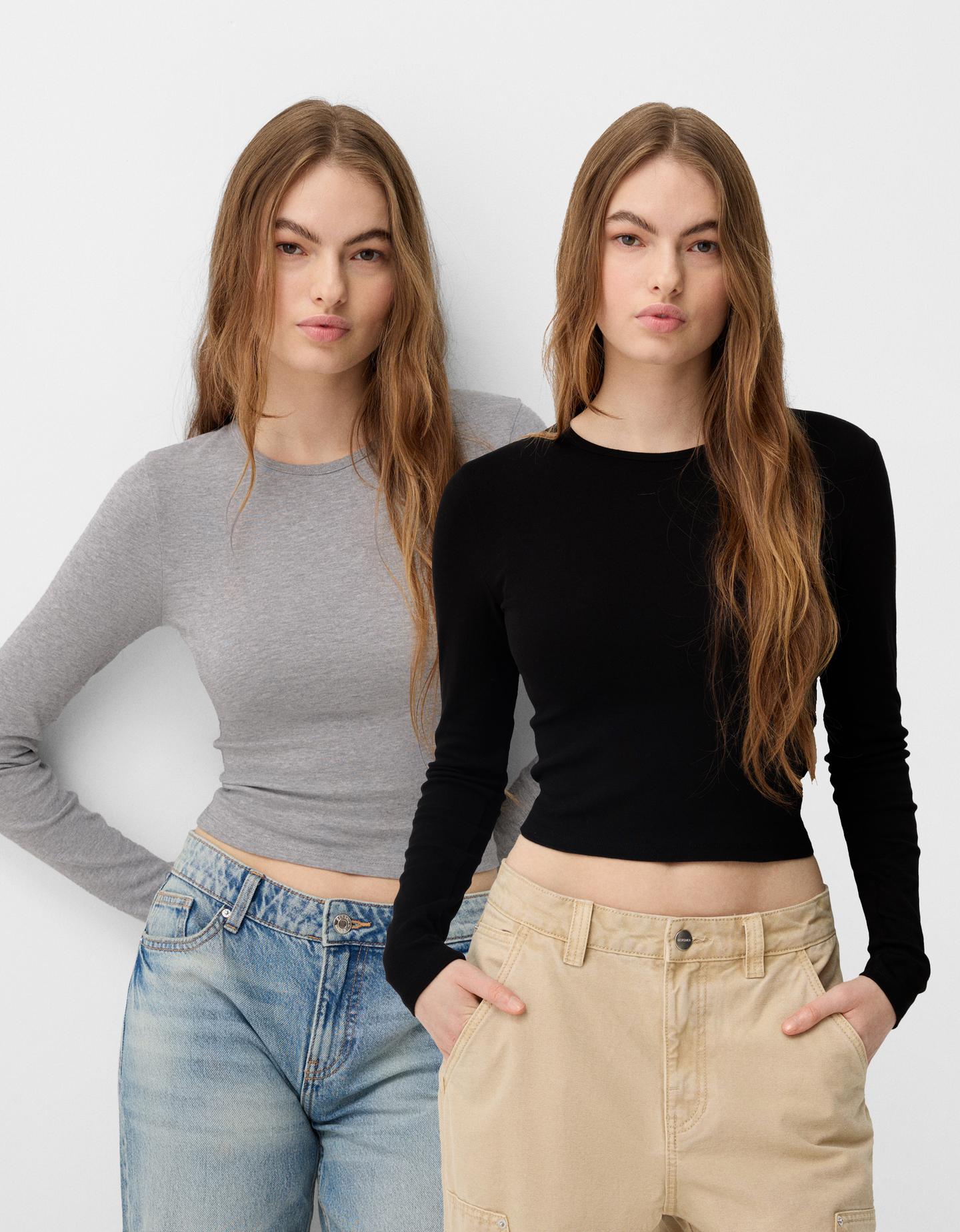 Bershka 2er-Pack Langarmshirts Mit Langen Ärmeln Und Rundausschnitt Damen S günstig online kaufen