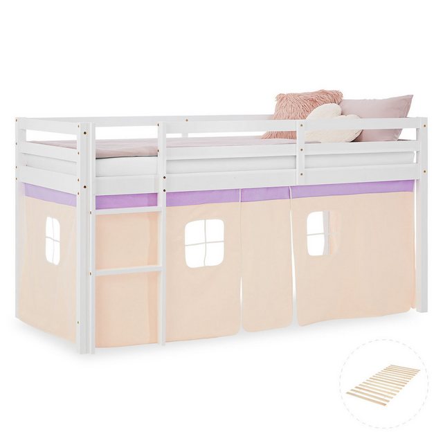 Homestyle4u Hochbett 90x200 cm Kinderbett mit Vorhang Lila Peach Leiter für günstig online kaufen