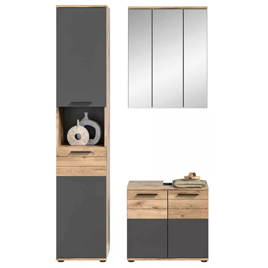 Waschplatz Set mit Spiegelschrank in Wildeichefarben Grau (dreiteilig) günstig online kaufen