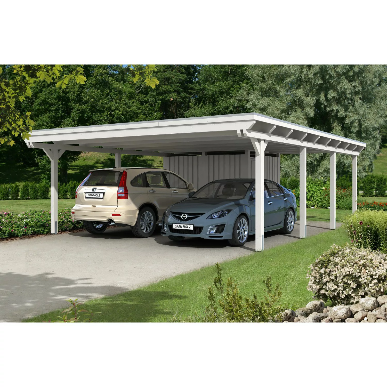 Skan Holz Carport Emsland 613 cm x 846 cm mit Abstellraum Weiß günstig online kaufen