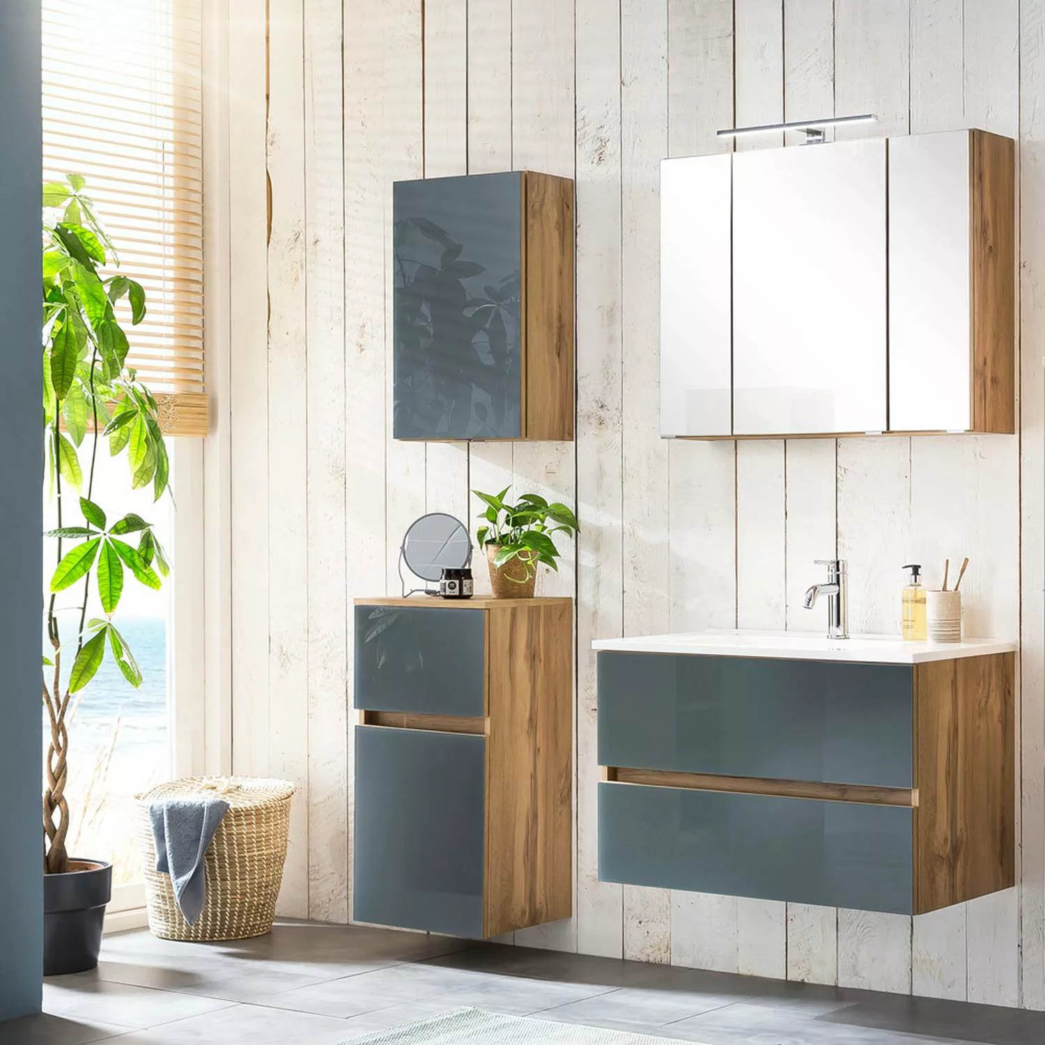 Badezimmer Set inkl. Waschbecken HEERLEN-03 in Wotaneiche Nb. mit Glasfront günstig online kaufen