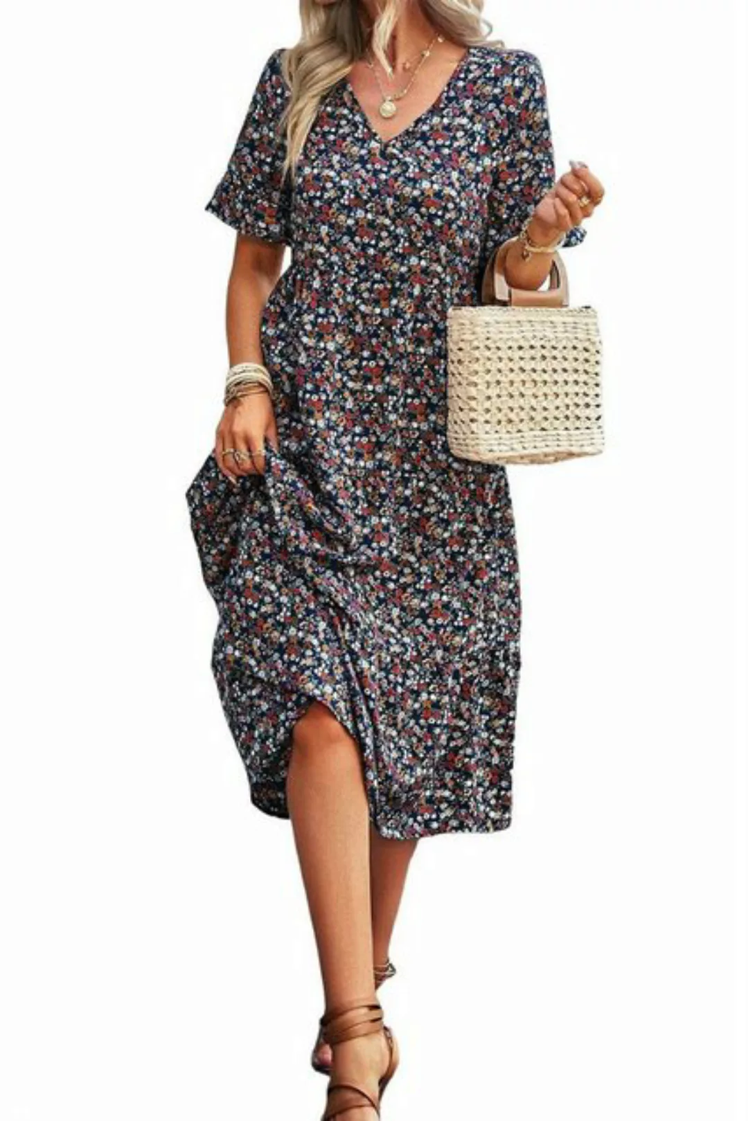 BlauWave Blusenkleid Damen-Sommerkleid mit V-Ausschnitt bedruckt (1-tlg., A günstig online kaufen