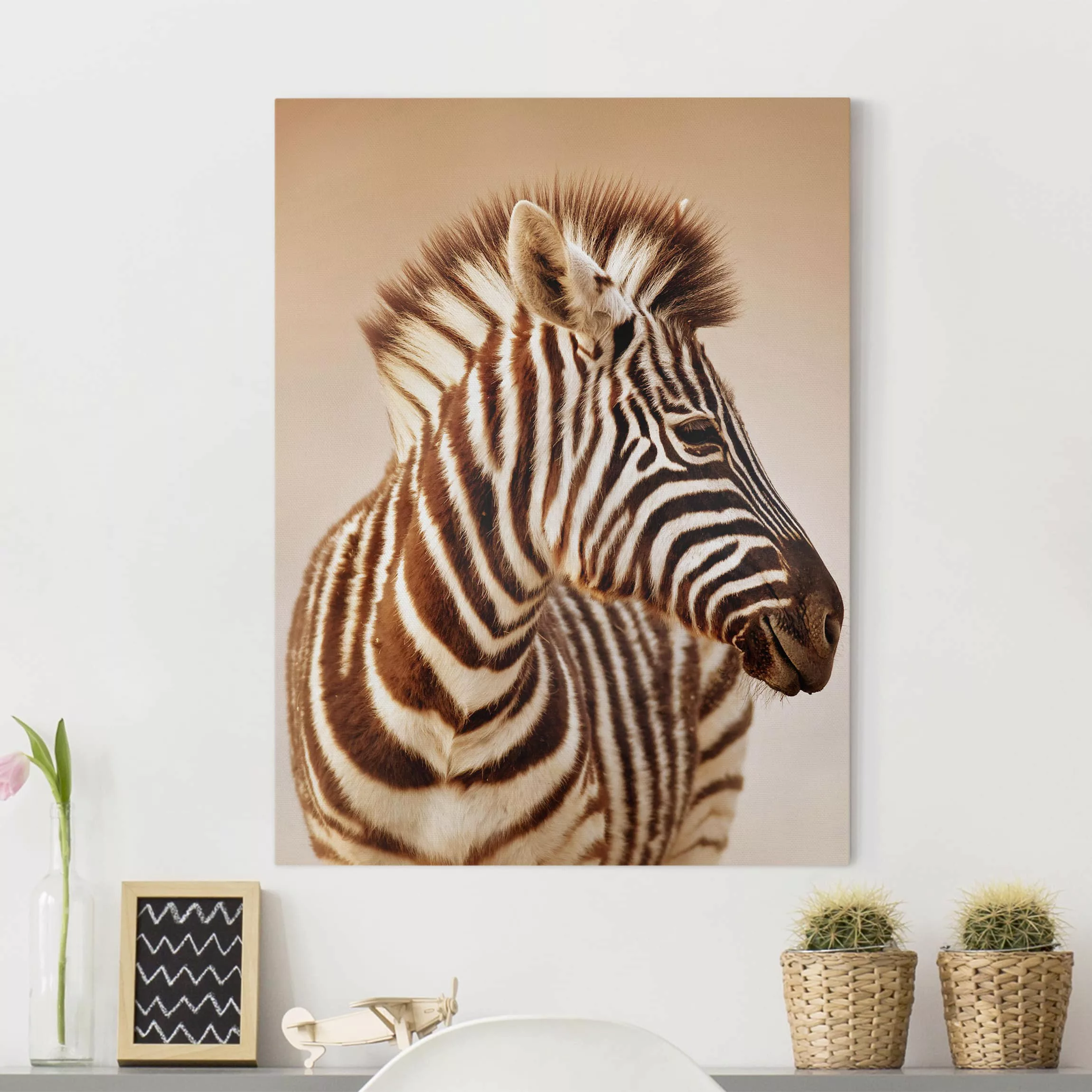 Leinwandbild - Hochformat Zebra Baby Portrait günstig online kaufen