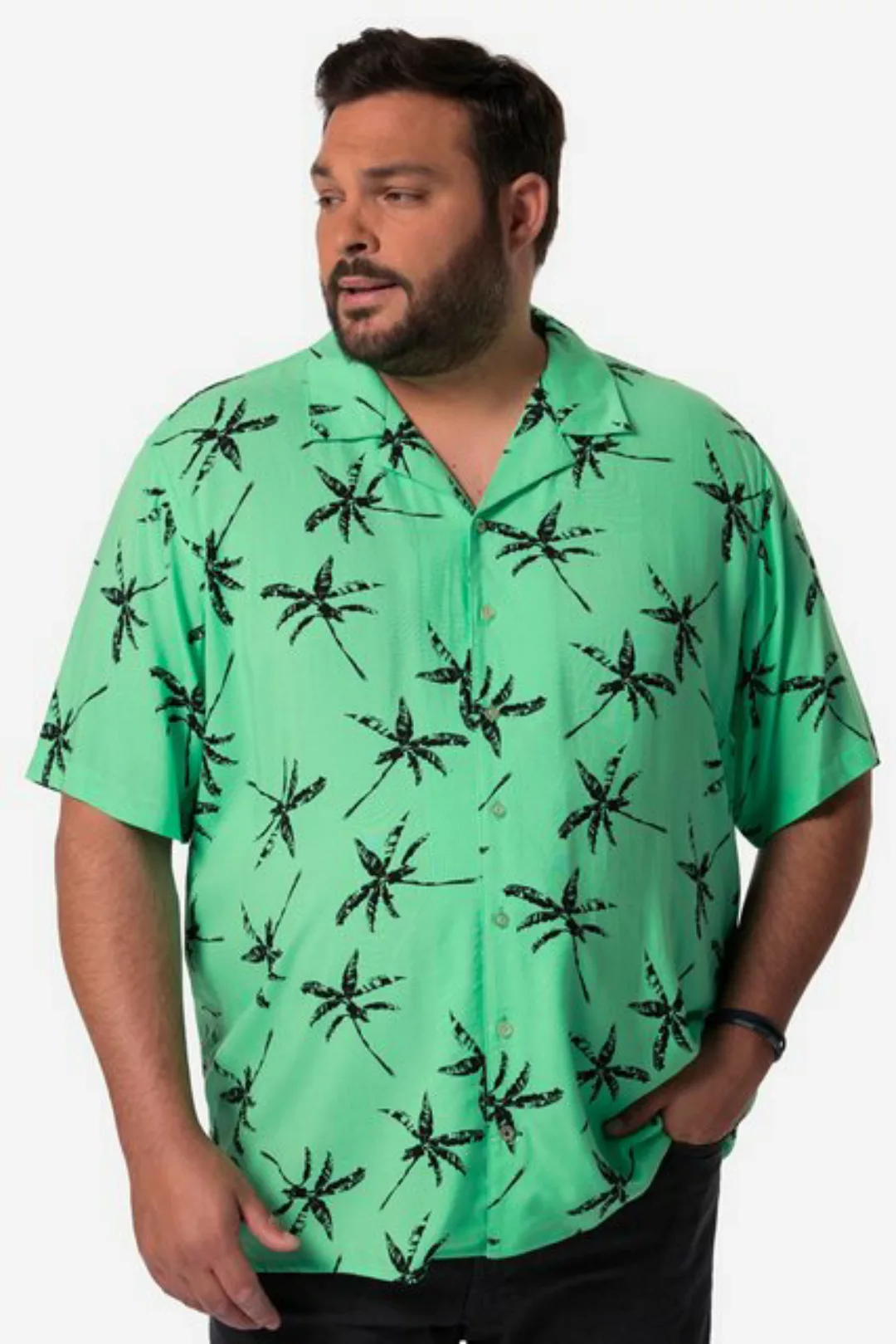 Men Plus Kurzarmhemd Men+ Hemd Halbarm Palmen Druck Cuba-Kragen günstig online kaufen