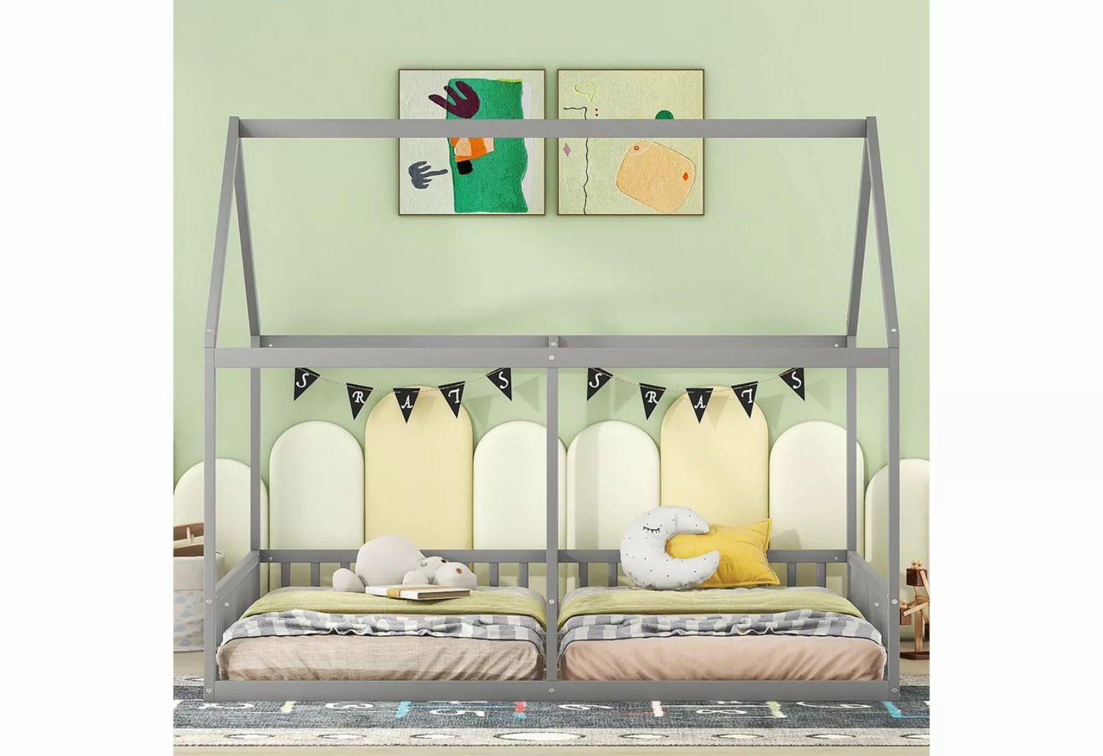MODFU Kinderbett Holzbett Einzelbetten, 2-in-1-Betten (flache Betten, Hausm günstig online kaufen
