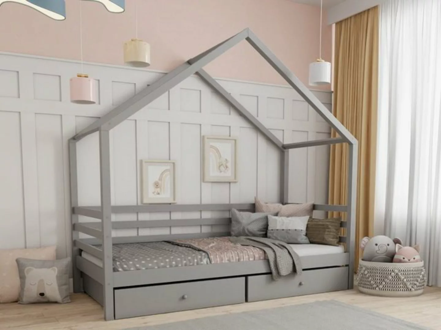 Deine Möbel 24 Hausbett Kinderbett Einzelbett COMET mit Schubladen Weiß Gra günstig online kaufen