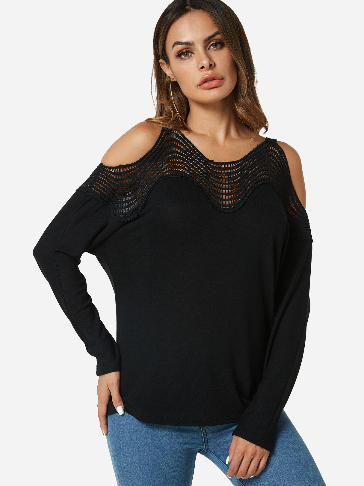 Schwarzes hohles kaltes Schulter-Mode-T-Shirt günstig online kaufen
