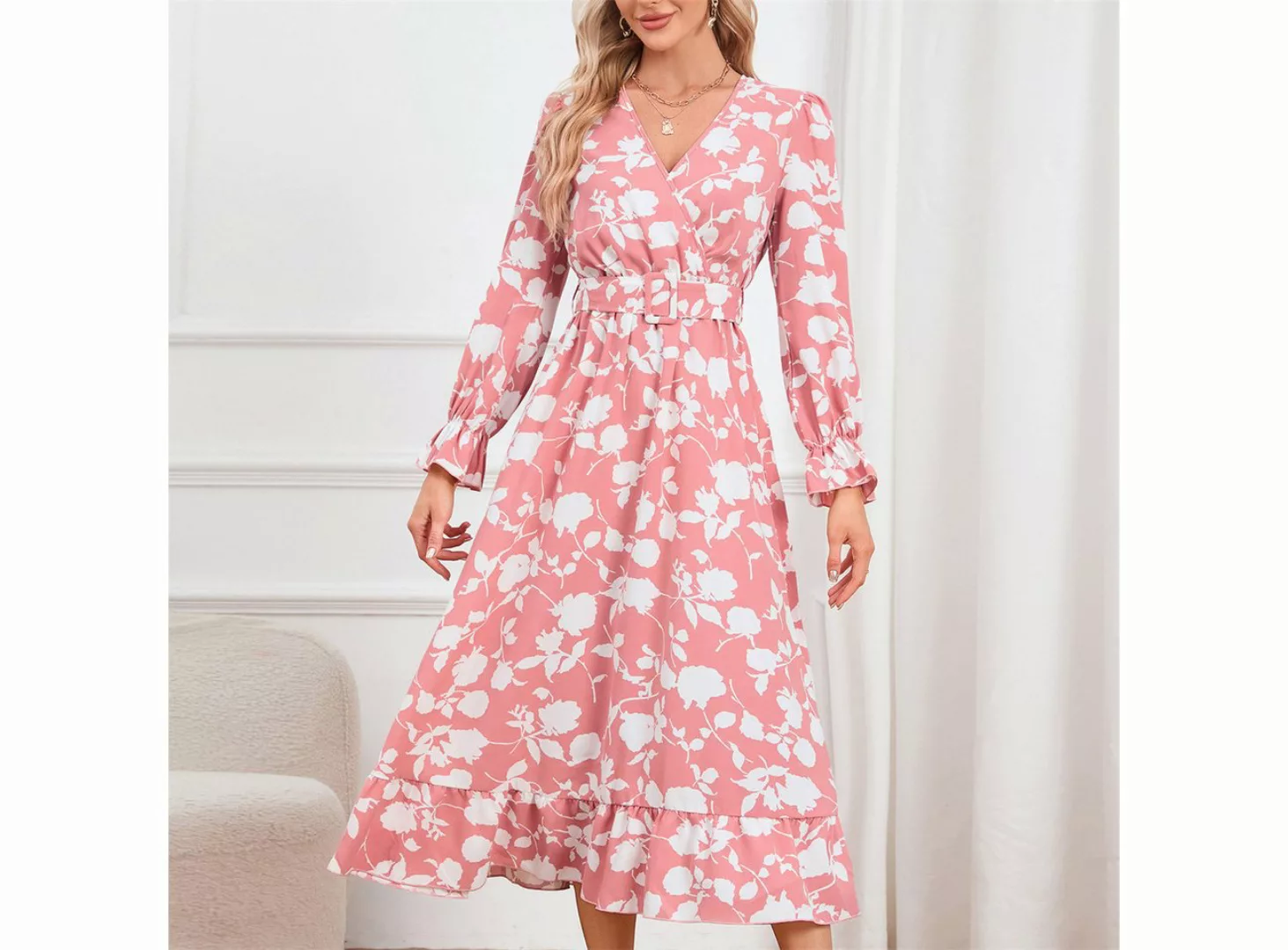RUZU UG Dirndl Sommer Retro V-Ausschnitt bedrucktes Kleid taillierter Damen günstig online kaufen