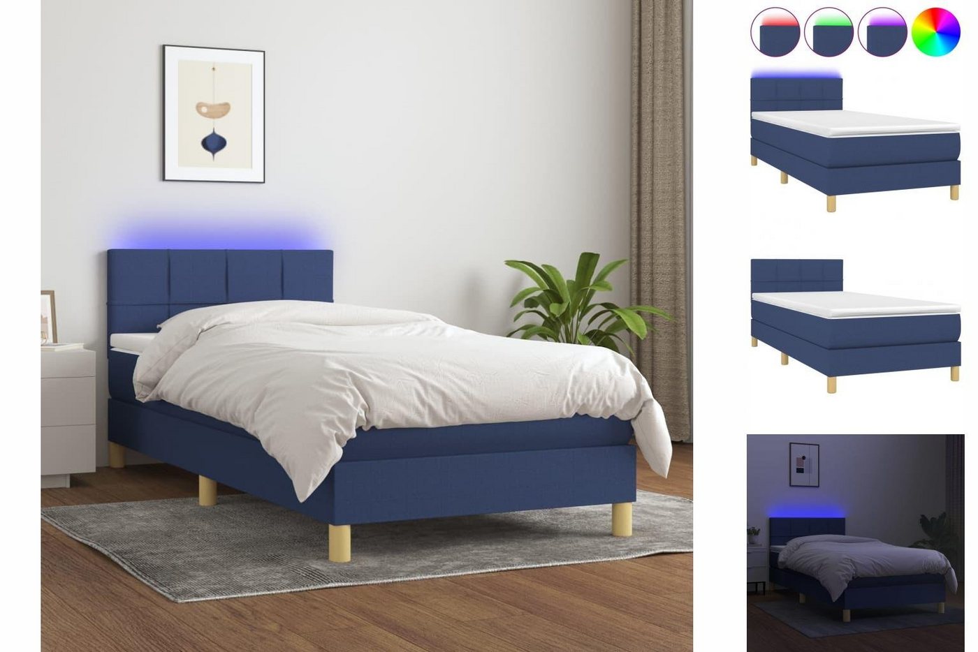 vidaXL Bettgestell Boxspringbett mit Matratze LED Blau 90x200 cm Stoff Bett günstig online kaufen