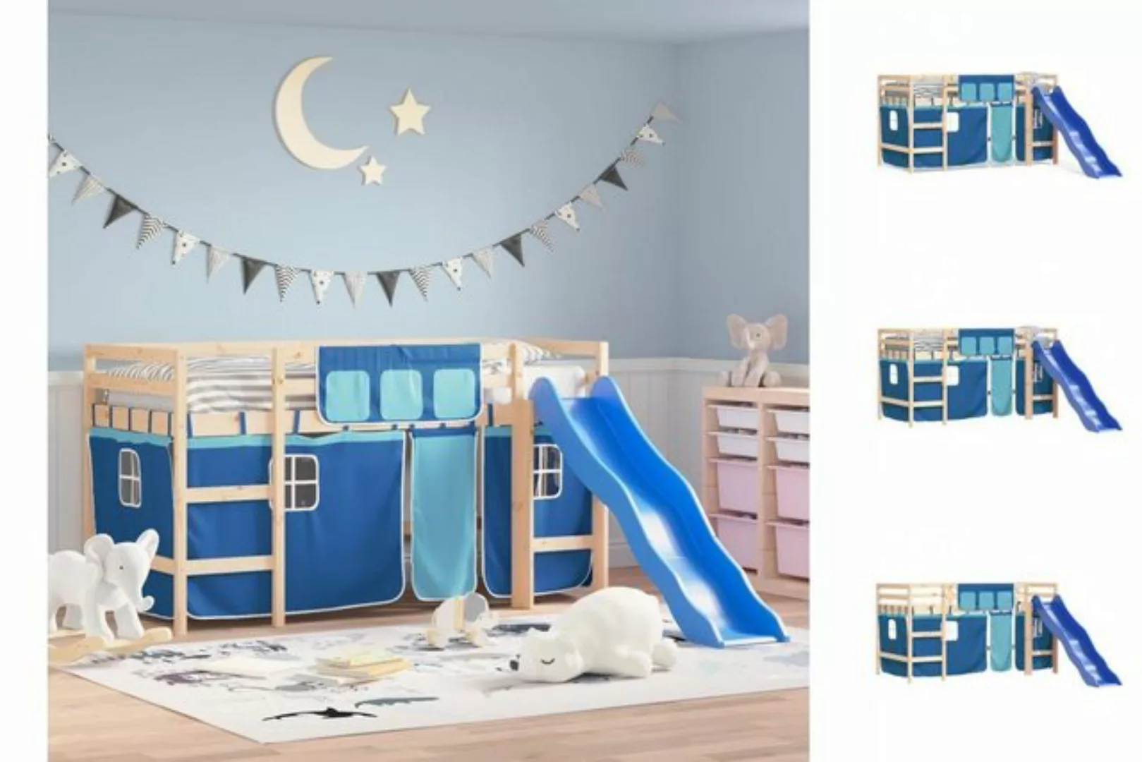 vidaXL Kinderbett Kinderhochbett mit Vorhängen Blau 80x200 cm Massivholz Ki günstig online kaufen