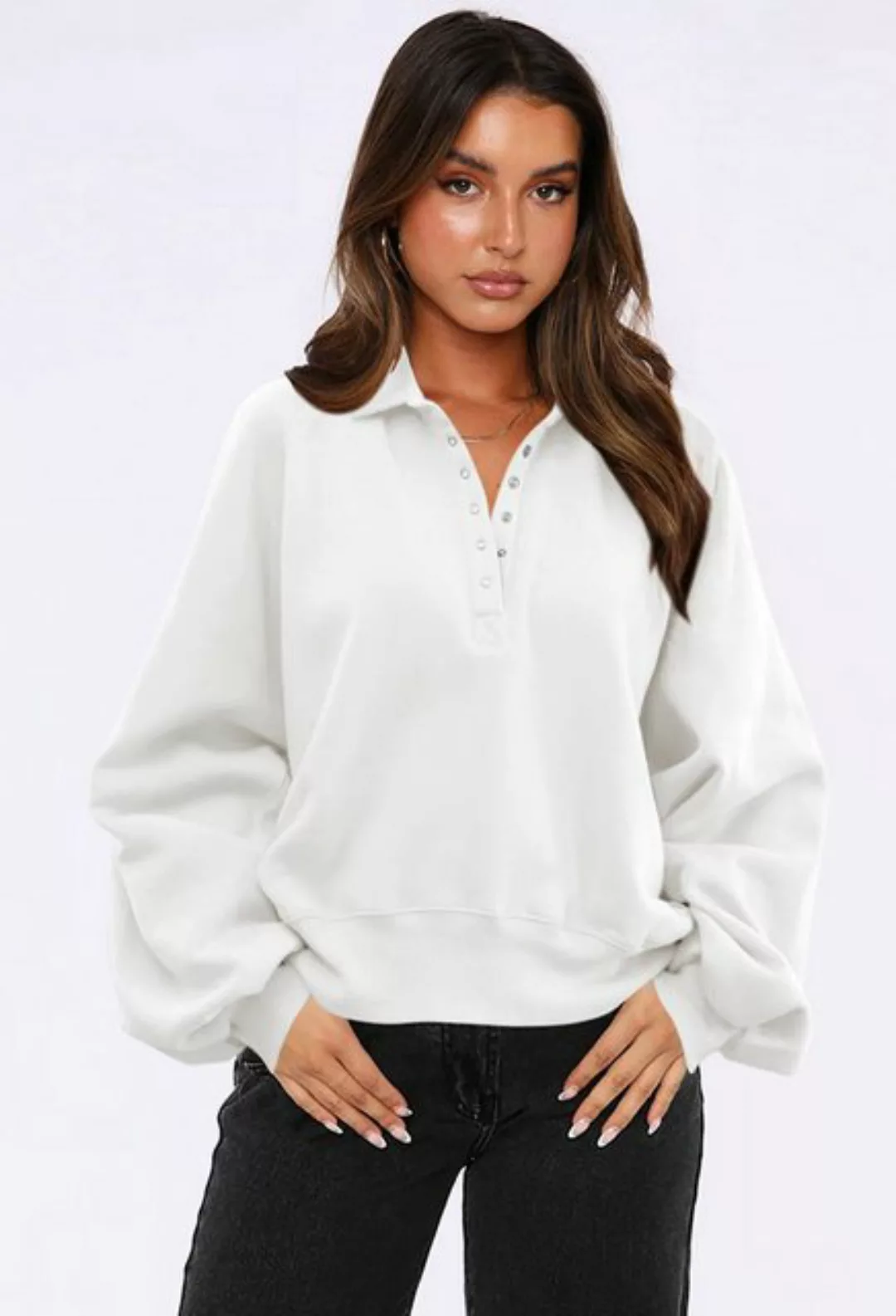 CHENIN Langarmhemd Damen Lantern Sleeve Polo Neck Top Lässiges Sweatshirt m günstig online kaufen