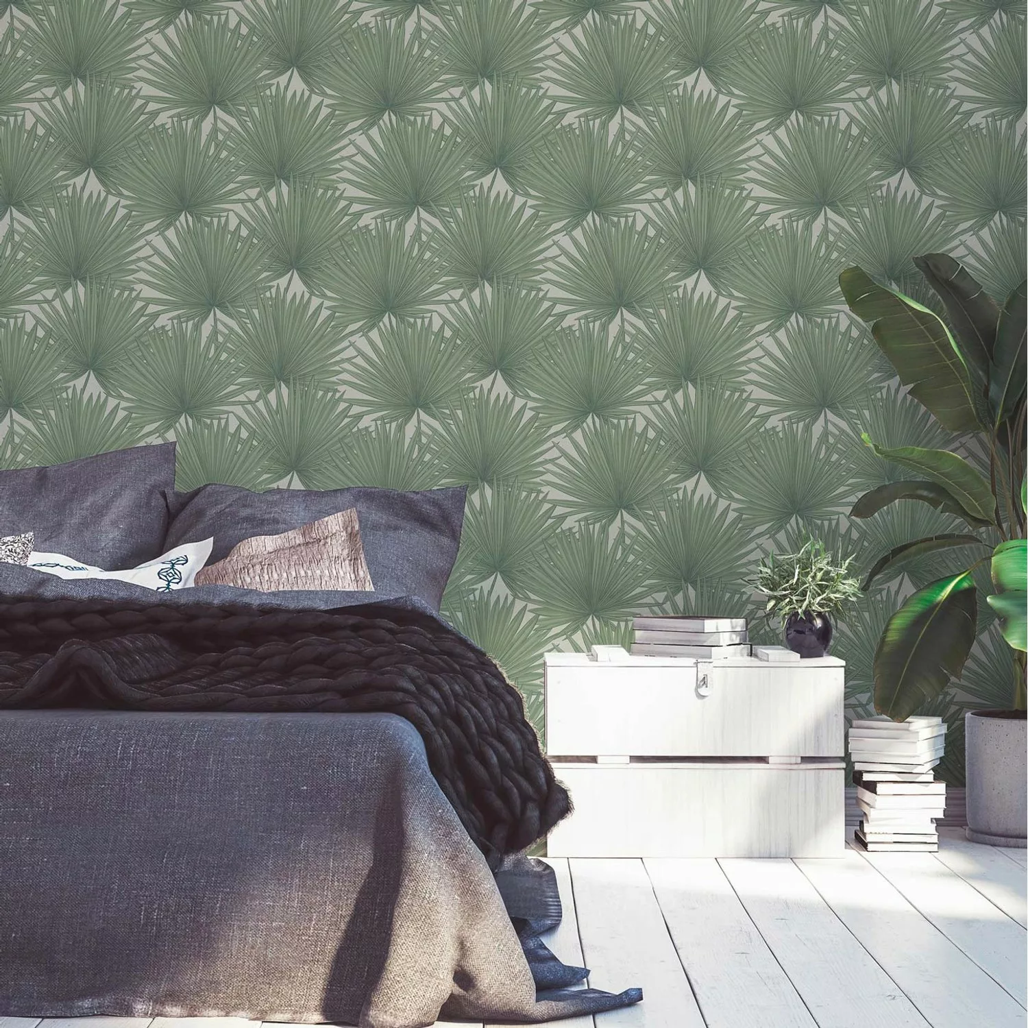 Bricoflor Palmen Tapete Grün Weiß Tropische Tapete in Eukalyptus Ideal für günstig online kaufen