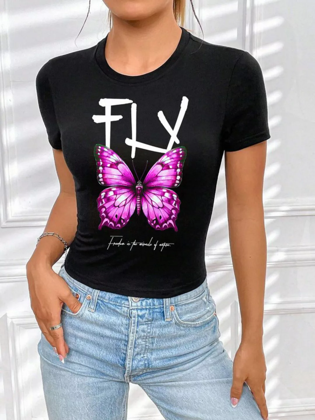 RMK T-Shirt Damen Shirt kurzarm Rundhalsausschnitt Butterfly 100% Baumwolle günstig online kaufen