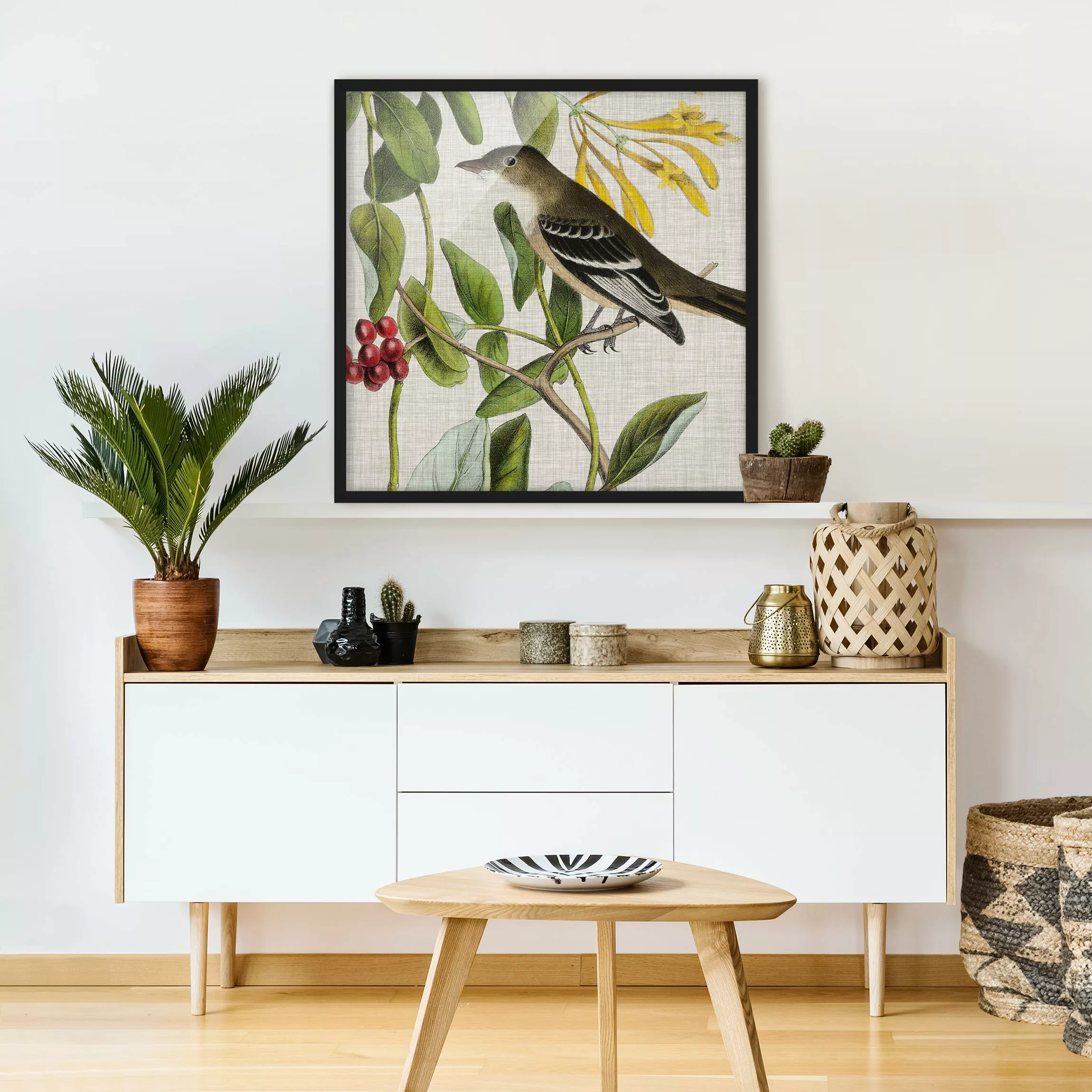 Bild mit Rahmen Blumen - Quadrat Vogel auf Leinen Gelb II günstig online kaufen