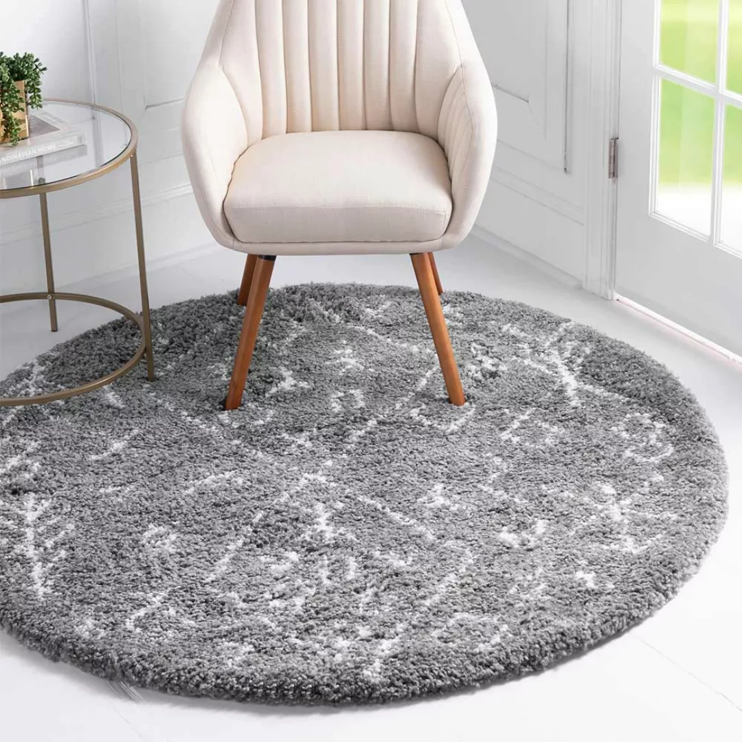 Wohnzimmer Teppich Hochflor in Grau und Creme Ethno Muster günstig online kaufen