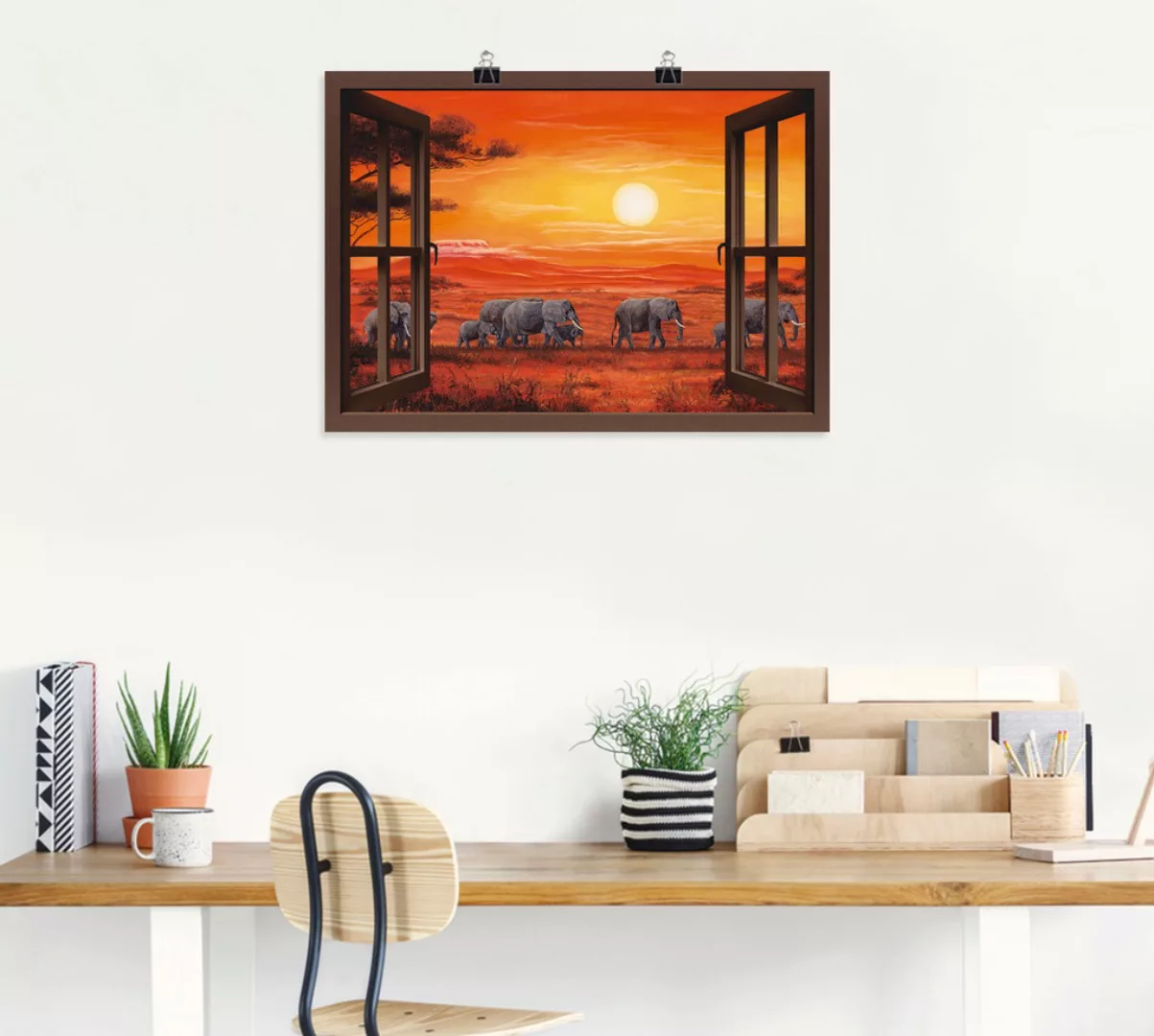 Artland Wandbild "Fensterblick - Elefantenherde", Fensterblick, (1 St.), al günstig online kaufen