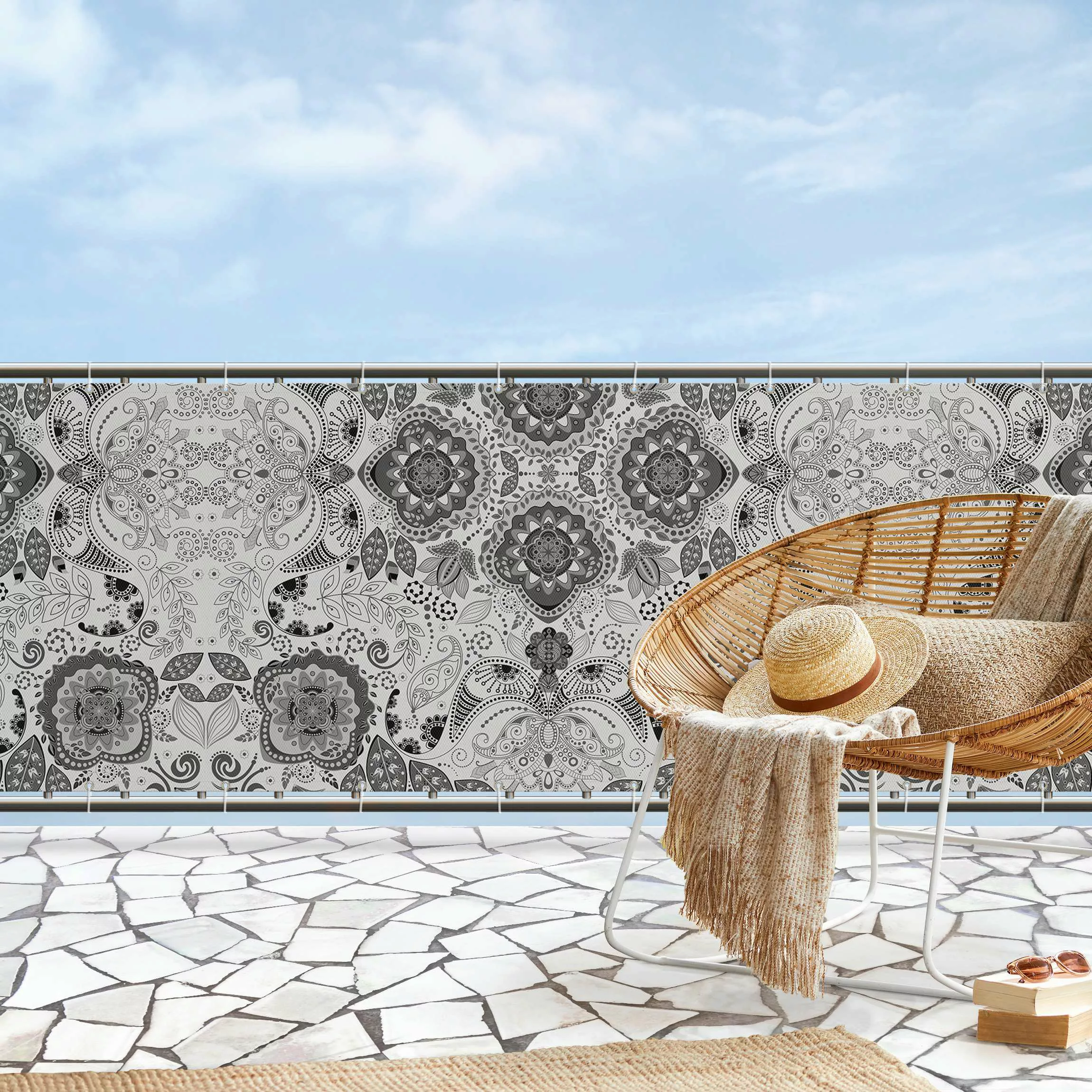 Balkon Sichtschutz Detailliertes Boho Muster in Grau günstig online kaufen