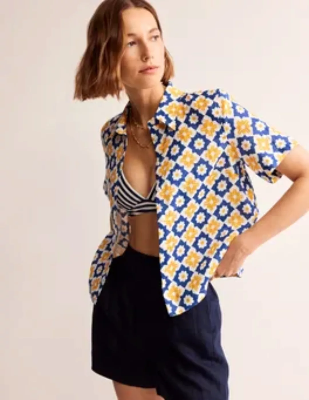 Hazel Kurzärmliges Leinenhemd Damen Boden, Surf The Web, Geometrischer Stem günstig online kaufen