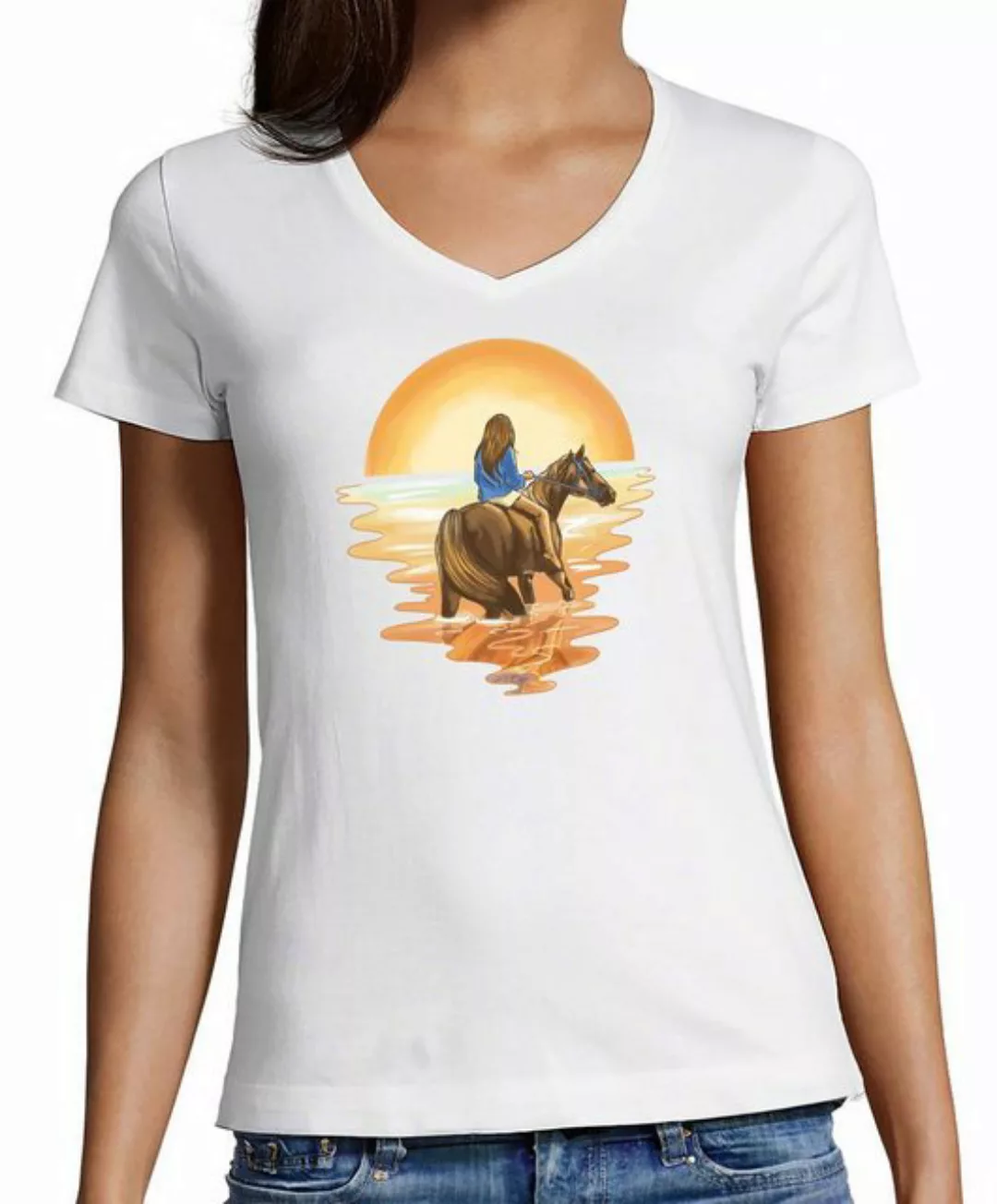 MyDesign24 T-Shirt Damen Pferde Print Shirt - Pferd mit Reiterin im Sonnena günstig online kaufen