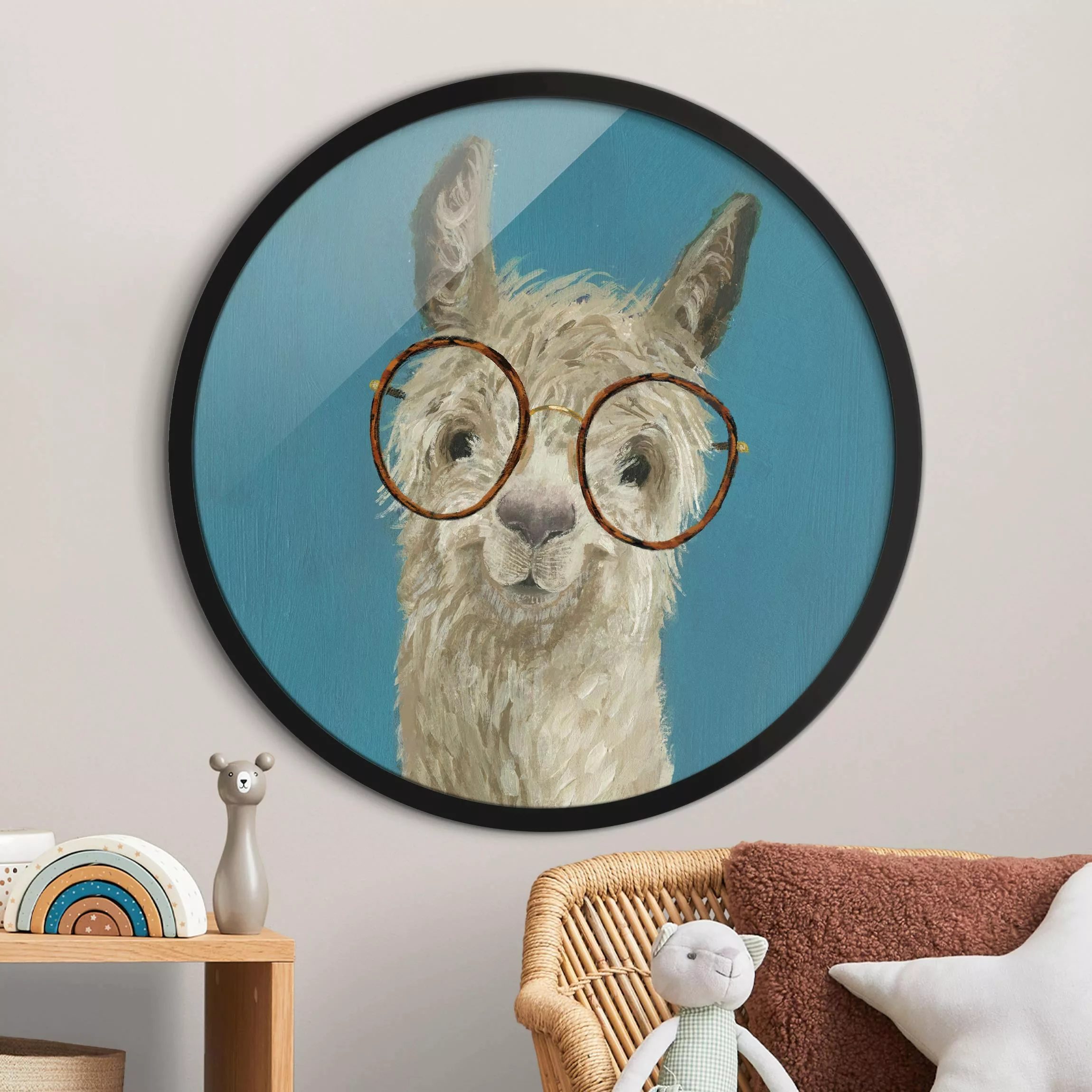 Rundes Gerahmtes Bild Lama mit Brille I günstig online kaufen