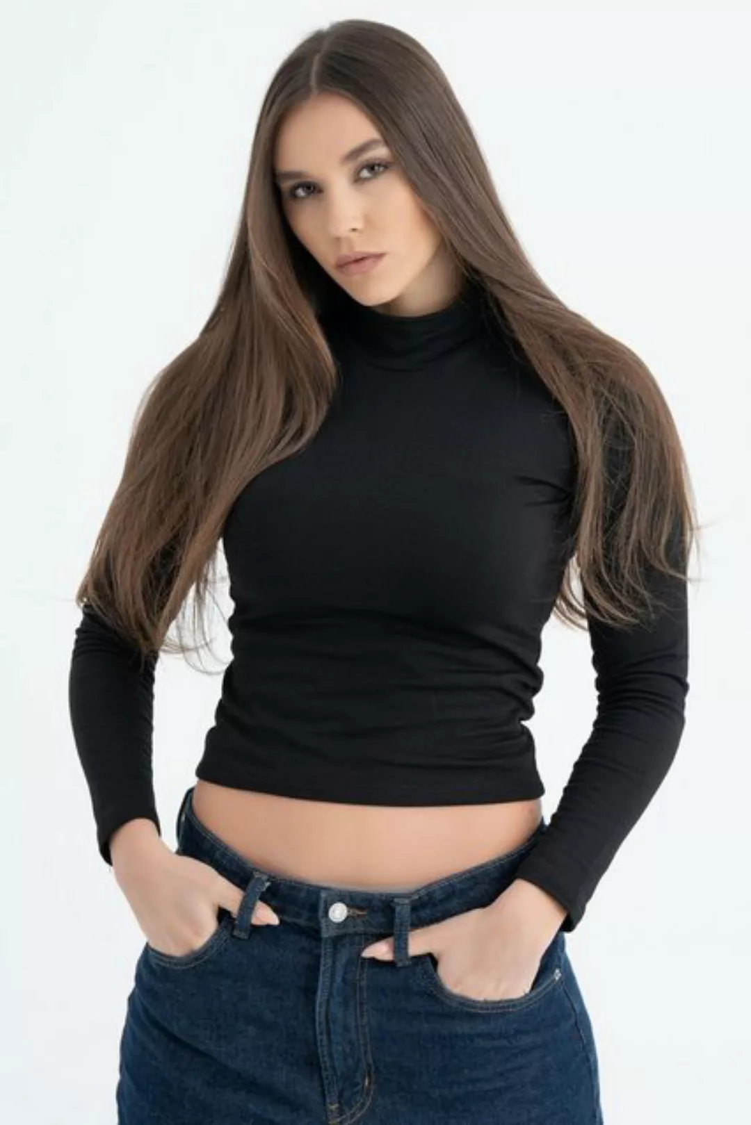 Evoni Crop-Top Damen Shirt Langarm Halbkragen günstig online kaufen