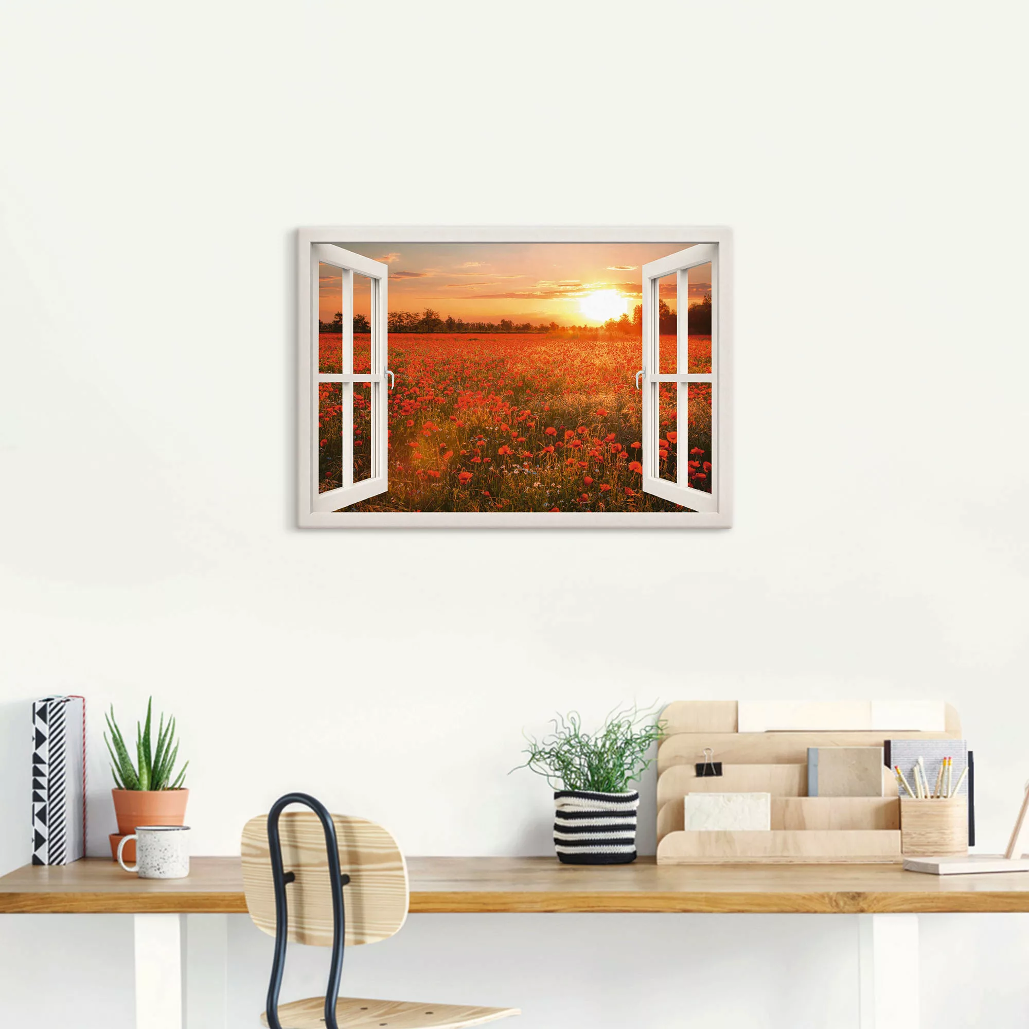 Artland Leinwandbild »Fensterblick Mohnblumenfeld - braun«, Blumen, (1 St.) günstig online kaufen